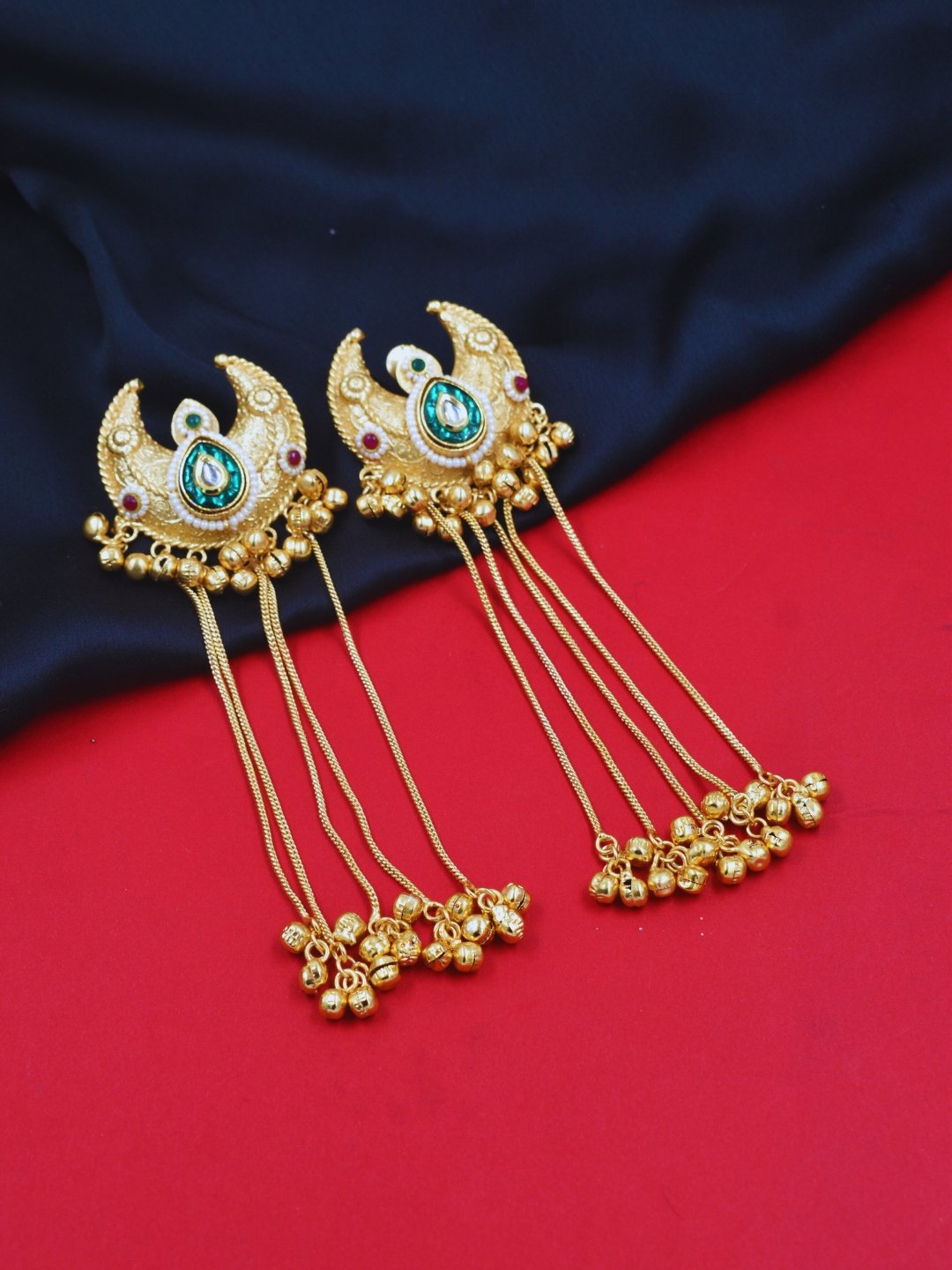 Beautiful Handmade Long Gold Plated Kashmiri Earring Embellished with Ghungroo - Image 3