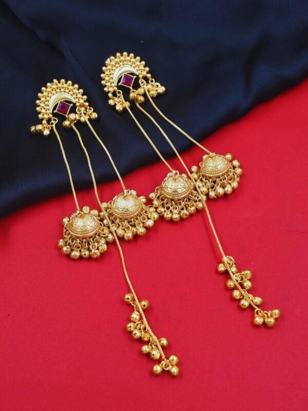 Beautiful Handmade Long Gold Plated Kashmiri Earring Embellished with Ghungroo - Image 3