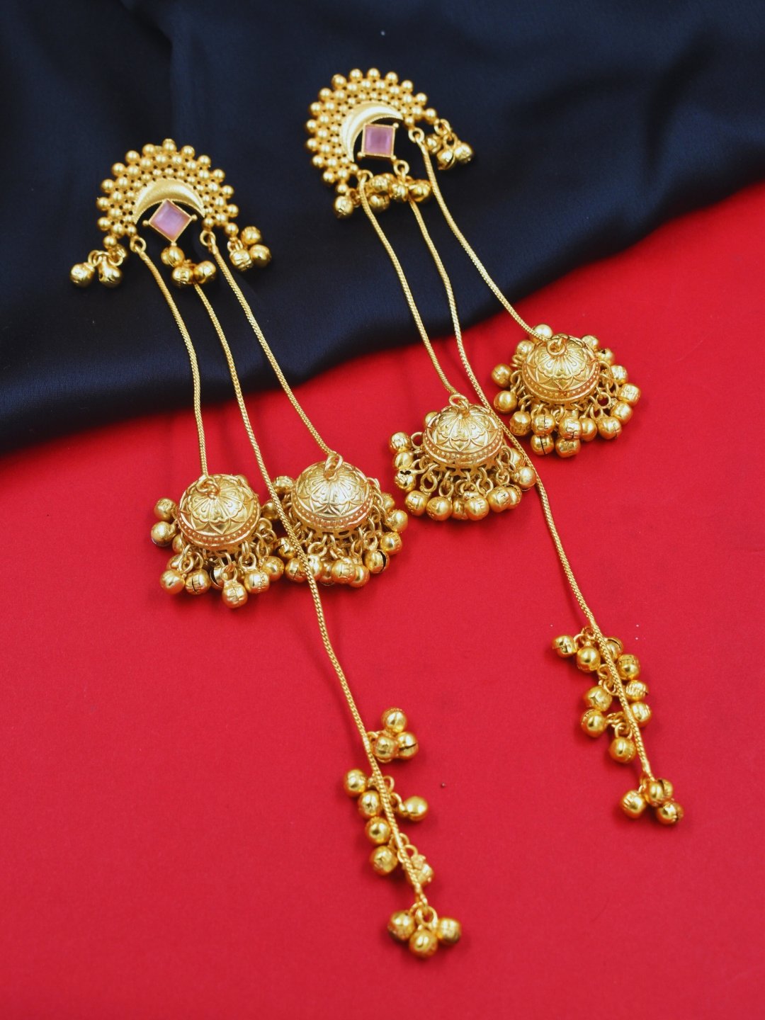Beautiful Handmade Long Gold Plated Kashmiri Earring Embellished with Ghungroo - Image 3