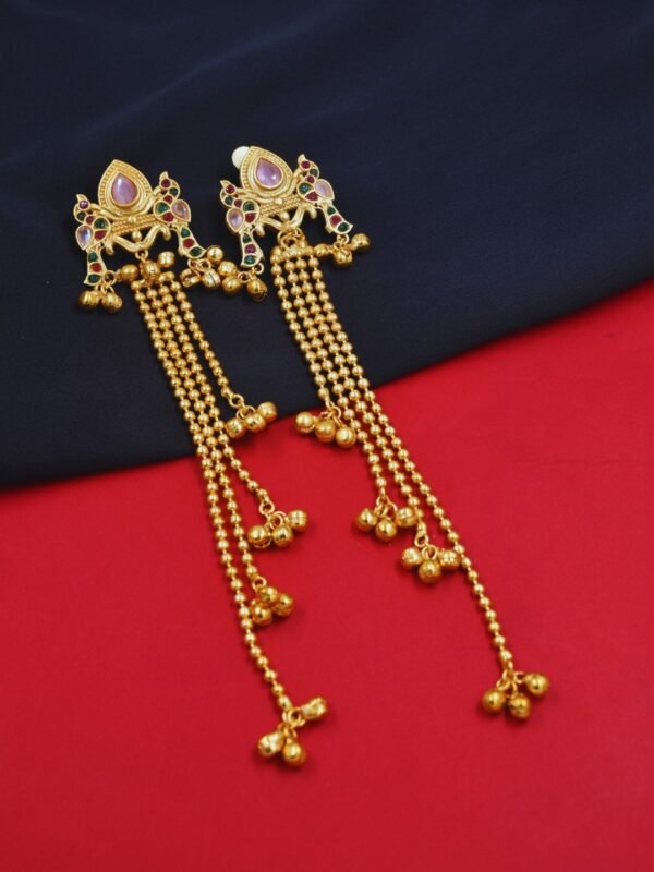 Beautiful Handmade Long Gold Plated Kashmiri Earring Embellished with Ghungroo - Image 3