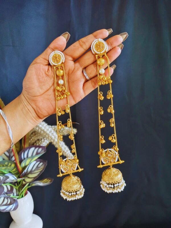 Beautiful Handmade Long Gold Plated Kashmiri Earring Embellished with Ghungroo - Image 2
