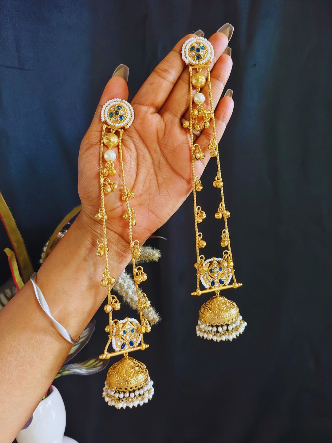 Beautiful Handmade Long Gold Plated Kashmiri Earring Embellished with Ghungroo - Image 2