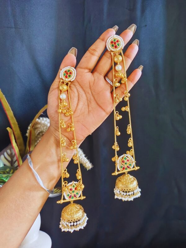 Beautiful Handmade Long Gold Plated Kashmiri Earring Embellished with Ghungroo - Image 2