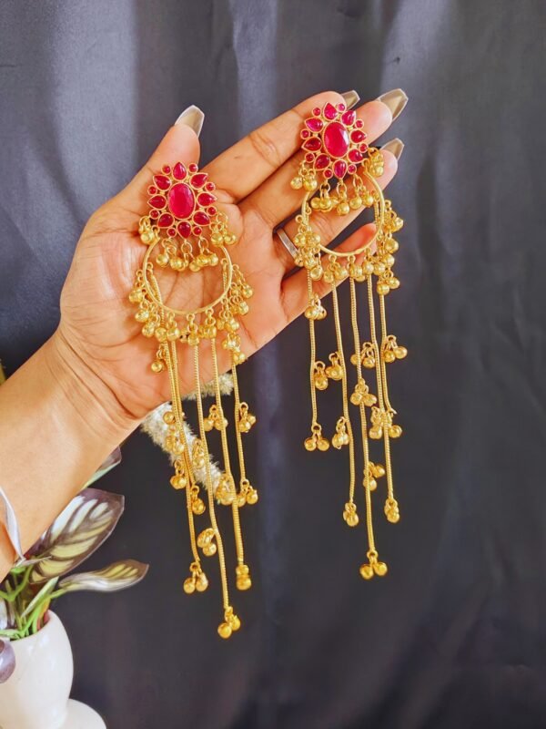 Beautiful Handmade Long Gold Plated Kashmiri Earring Embellished with Ghungroo - Image 2