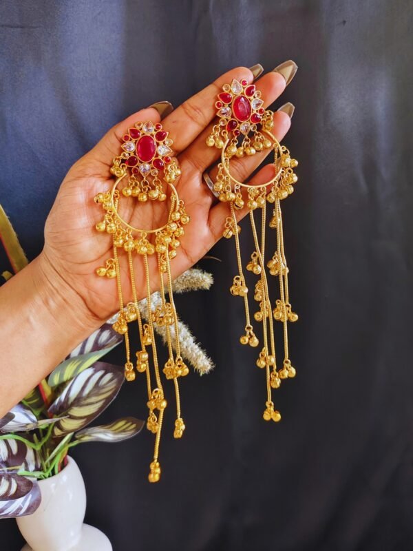 Beautiful Handmade Long Gold Plated Kashmiri Earring Embellished with Ghungroo - Image 2