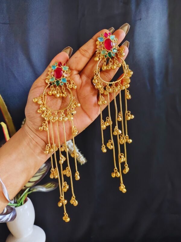 Beautiful Handmade Long Gold Plated Kashmiri Earring Embellished with Ghungroo - Image 2