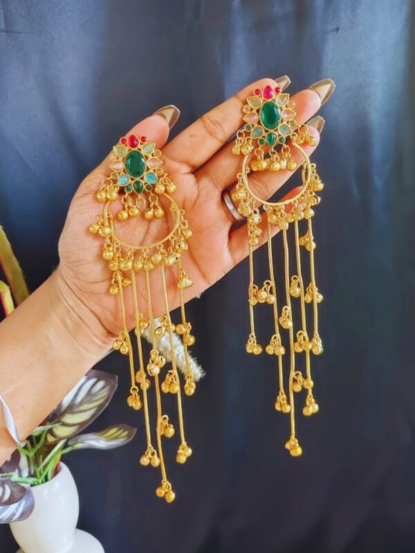 Beautiful Handmade Long Gold Plated Kashmiri Earring Embellished with Ghungroo - Image 2