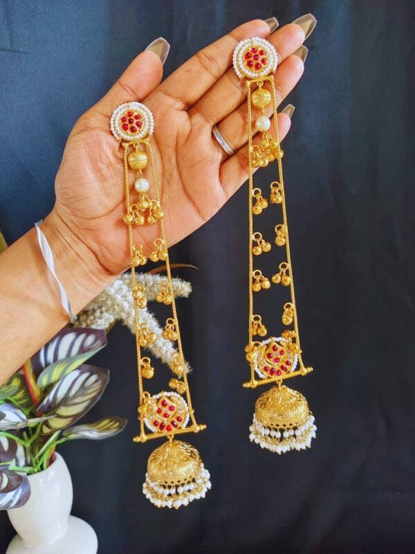Beautiful Handmade Long Gold Plated Kashmiri Earring Embellished with Ghungroo - Image 2