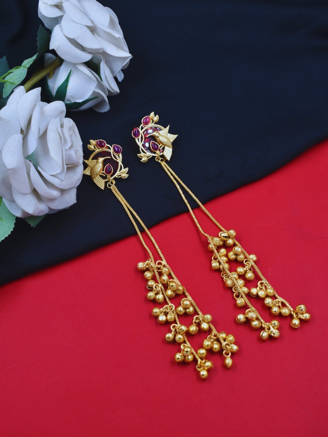 Beautiful Handmade Long Gold Plated Kashmiri Earring Embellished with Ghungroo