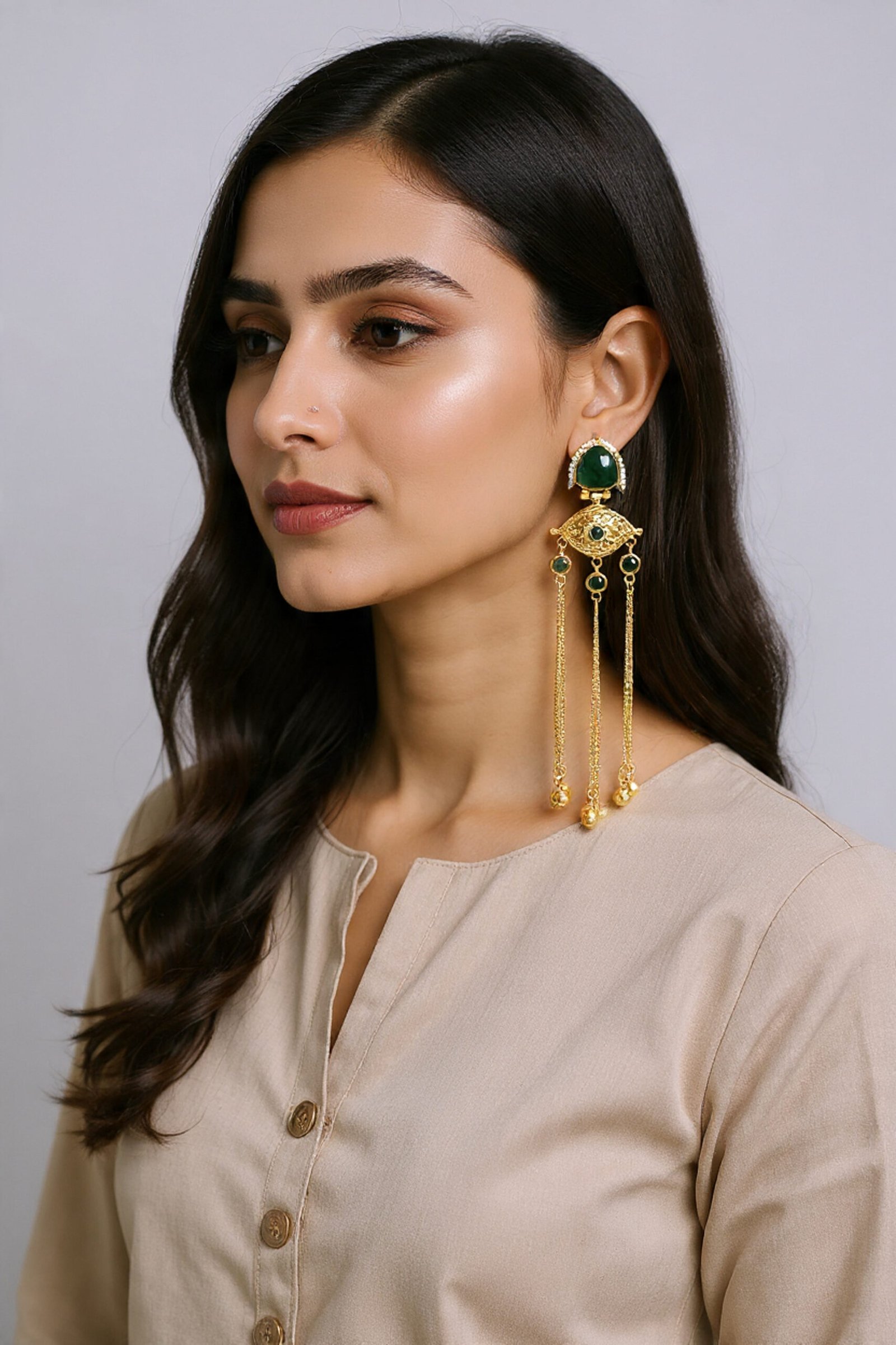 Beautiful Handmade Long Gold Plated Kashmiri Earring Embellished with Ghungroo