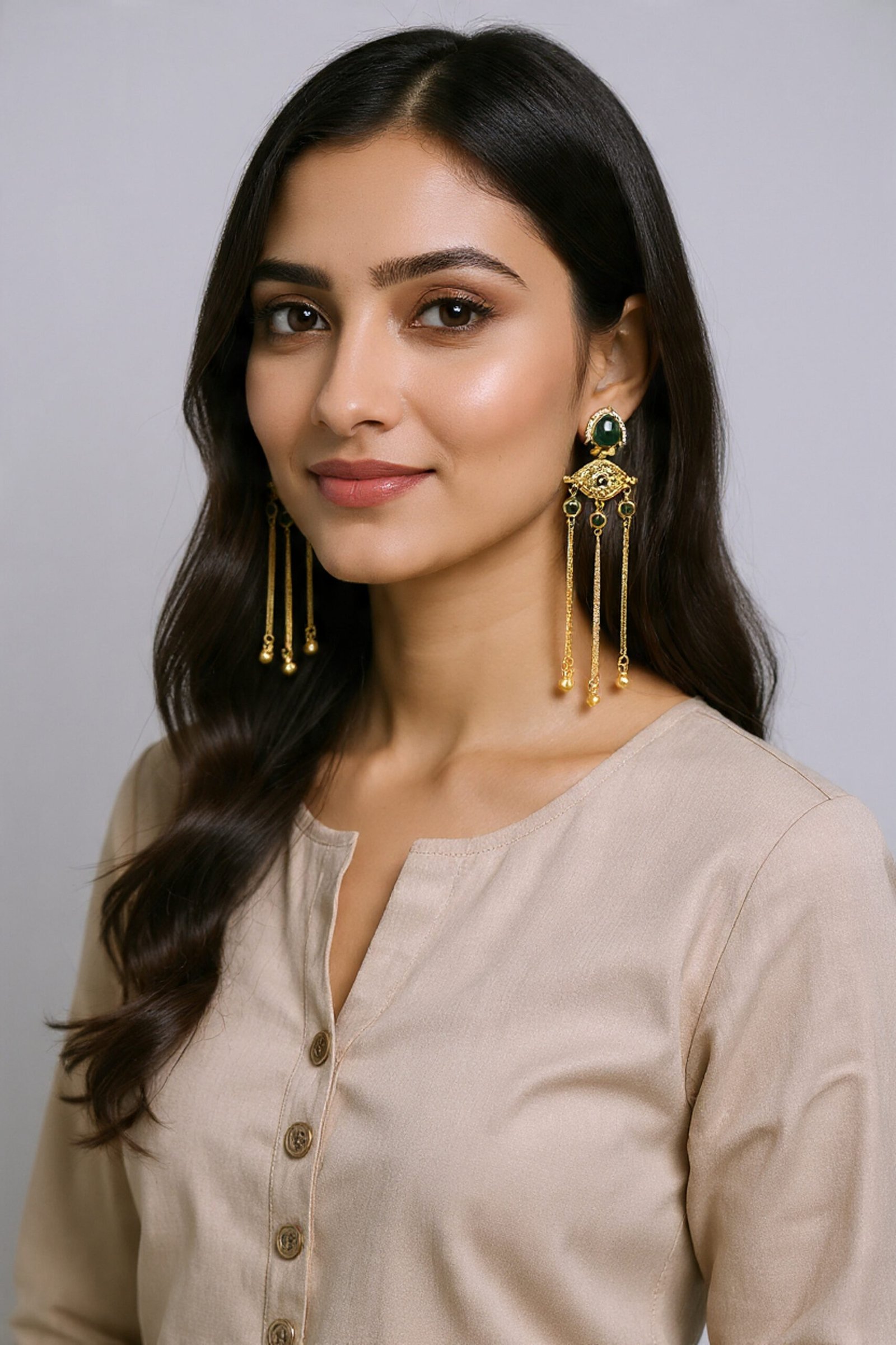 Beautiful Handmade Long Gold Plated Kashmiri Earring Embellished with Ghungroo - Image 2