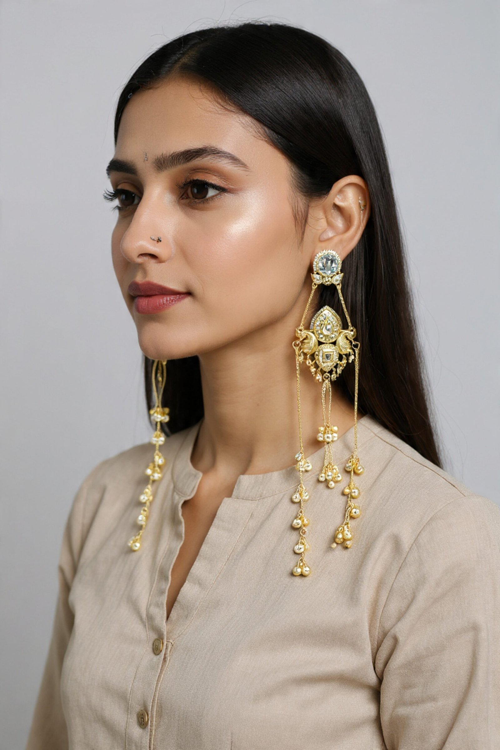 Beautiful Handmade Long Gold Plated Kashmiri Earring Embellished with Ghungroo