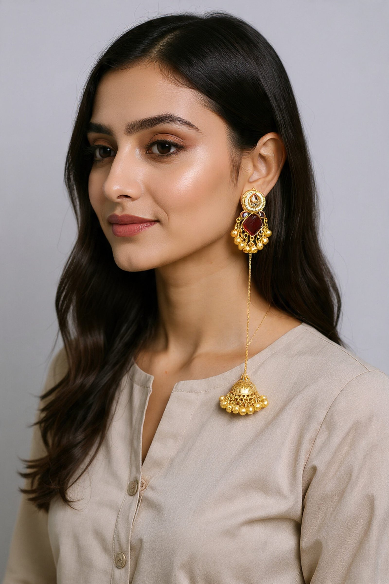 Beautiful Handmade Long Gold Plated Kashmiri Earring Embellished with Ghungroo