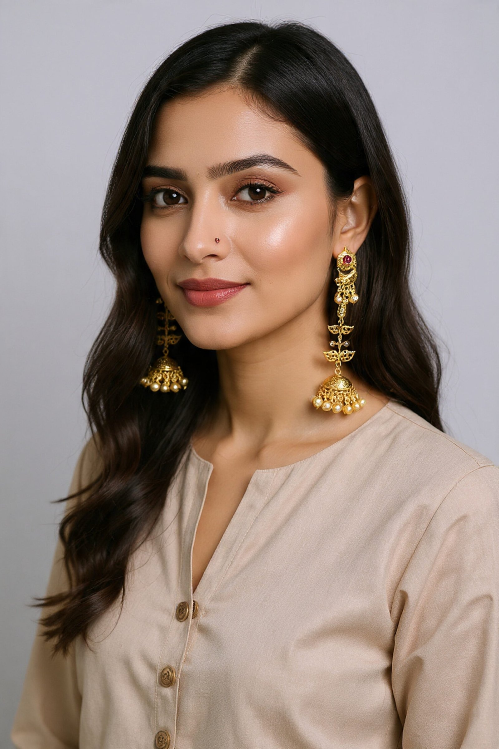 Beautiful Handmade Long Gold Plated Kashmiri Earring Embellished with Ghungroo - Image 4