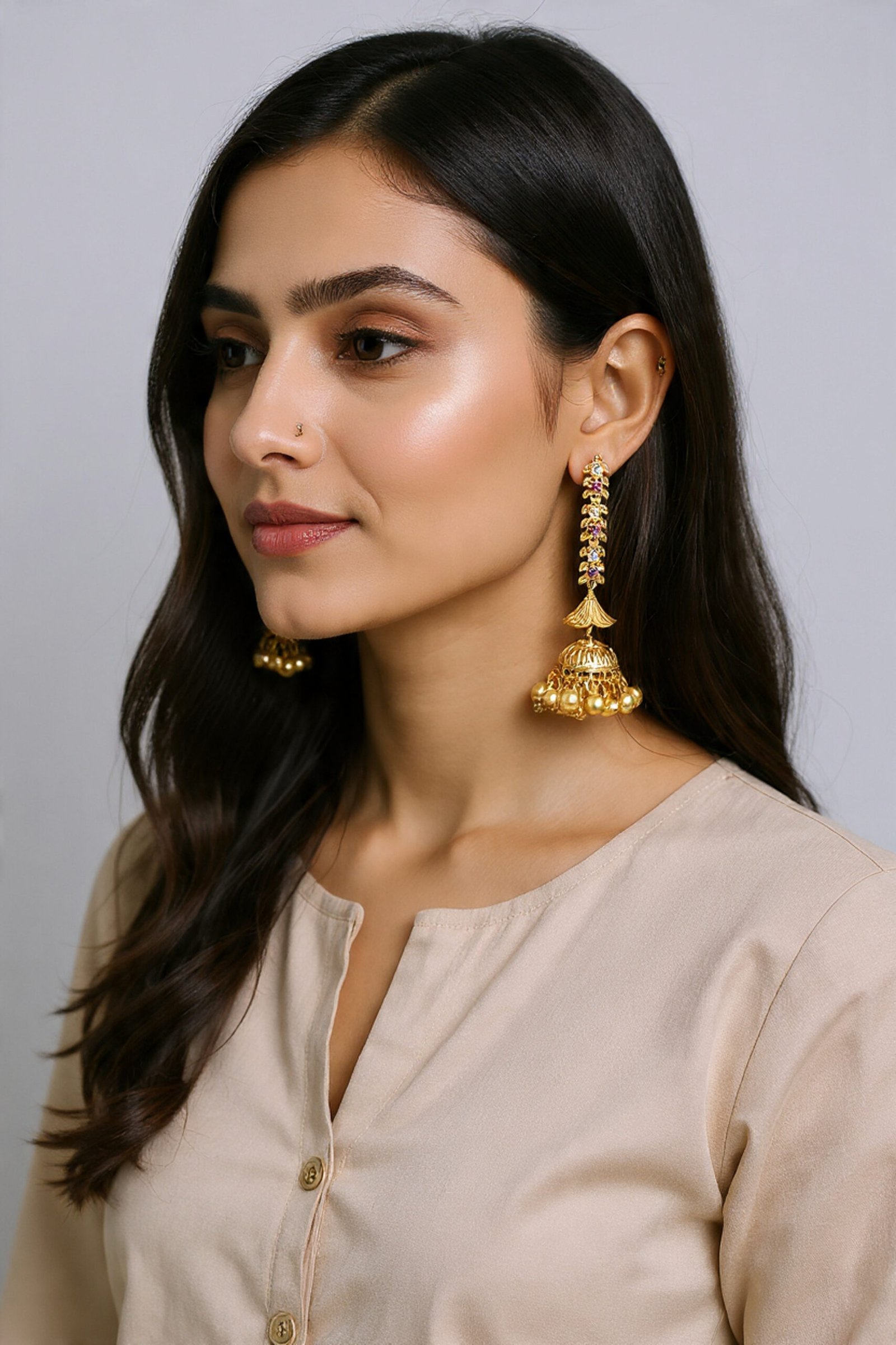 Beautiful Handmade Long Gold Plated Kashmiri Earring Embellished with Ghungroo