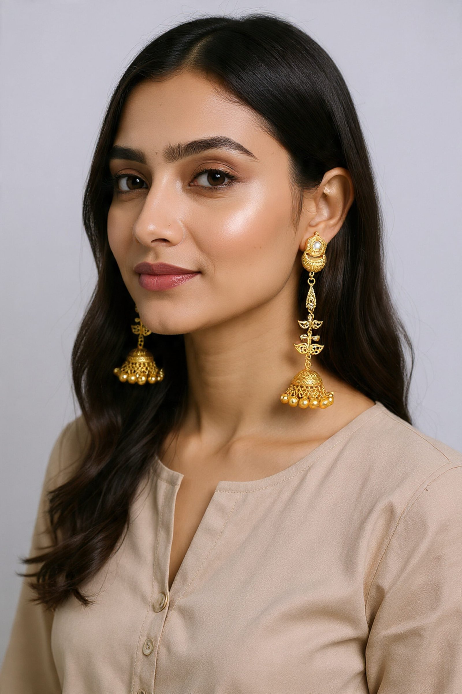 Beautiful Handmade Long Gold Plated Kashmiri Earring Embellished with Ghungroo