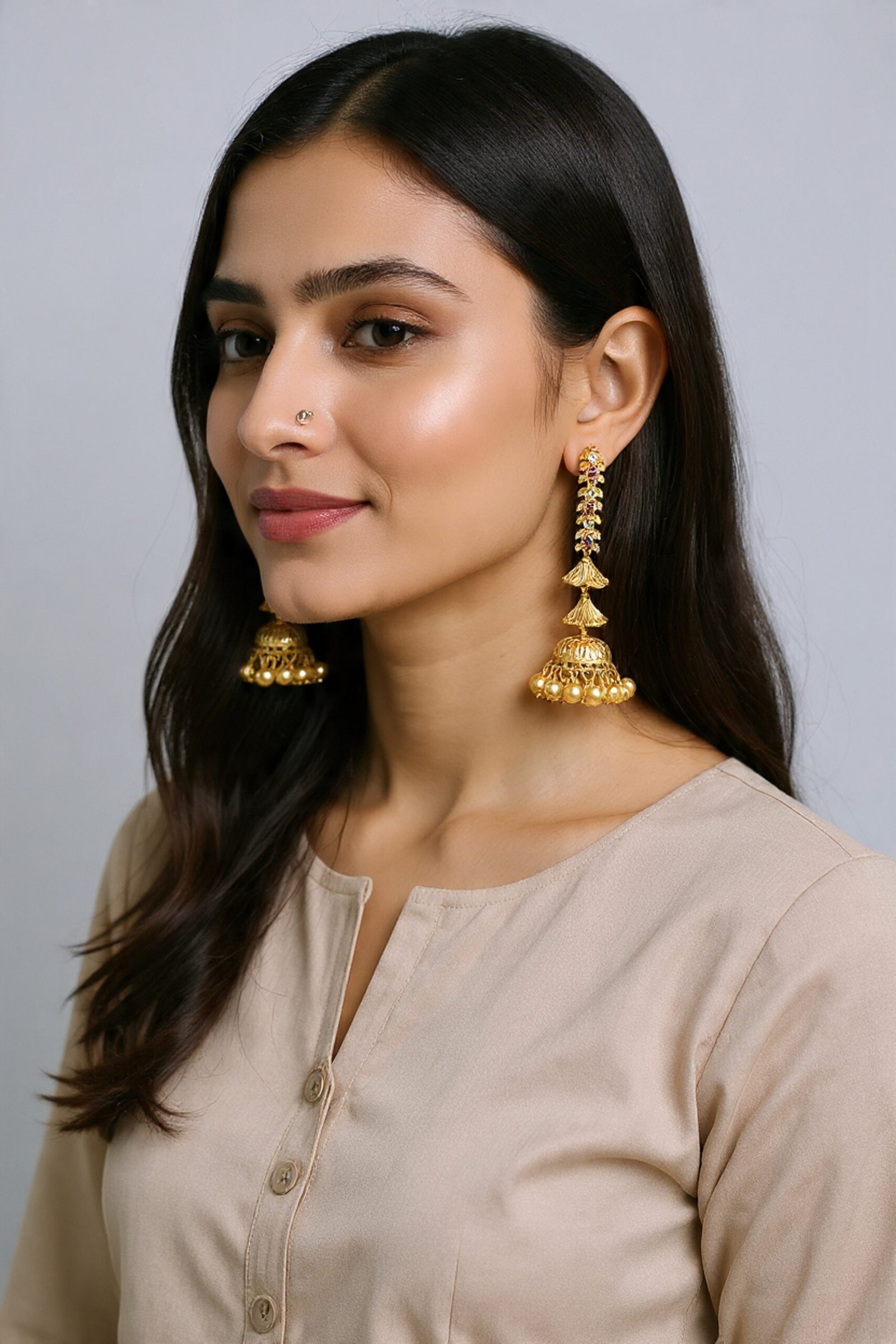 Beautiful Handmade Long Gold Plated Kashmiri Earring Embellished with Ghungroo - Image 2