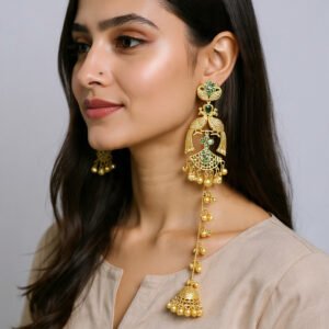 Beautiful Handmade Long Gold Plated Kashmiri Earring Embellished with Ghungroo