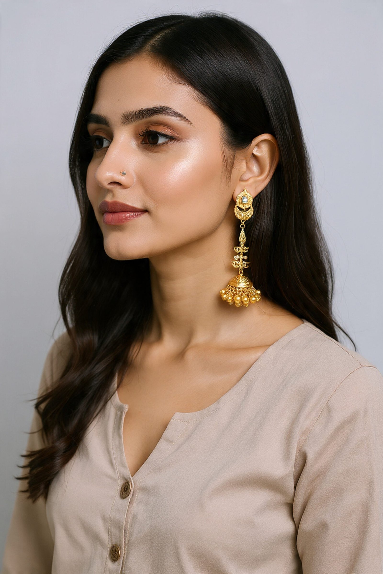 Beautiful Handmade Long Gold Plated Kashmiri Earring Embellished with Ghungroo - Image 2