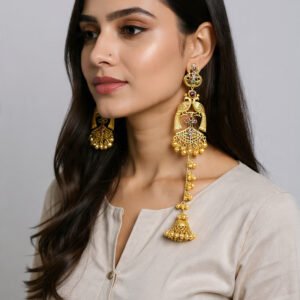 Beautiful Handmade Long Gold Plated Kashmiri Earring Embellished with Ghungroo