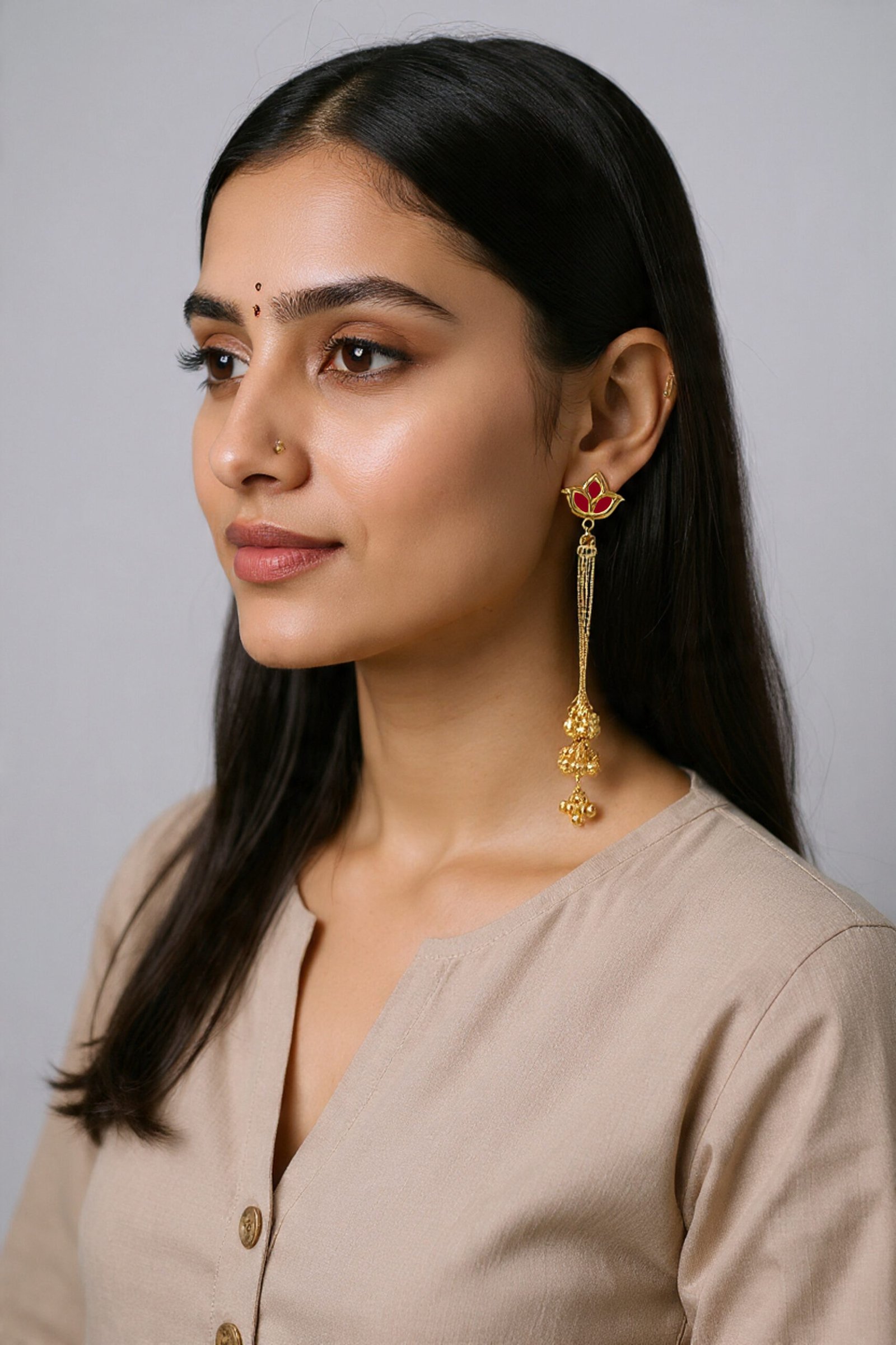Beautiful Handmade Long Gold Plated Kashmiri Earring Embellished with Ghungroo - Image 2