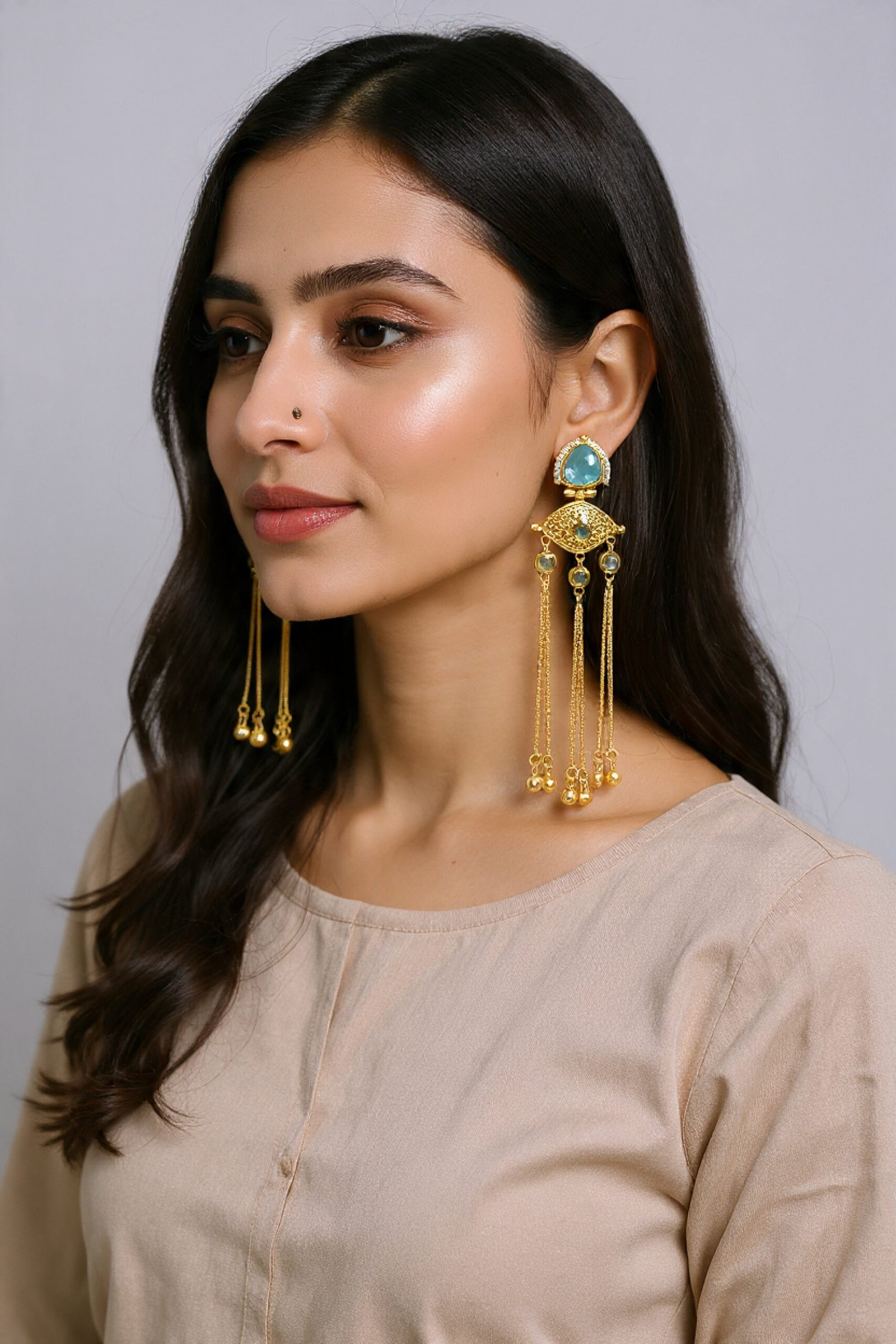 Beautiful Handmade Long Gold Plated Kashmiri Earring Embellished with Ghungroo