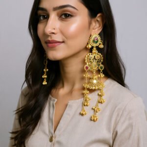 Beautiful Handmade Long Gold Plated Kashmiri Earring Embellished with Ghungroo