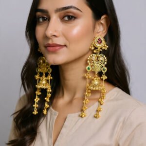 Beautiful Handmade Long Gold Plated Kashmiri Earring Embellished with Ghungroo