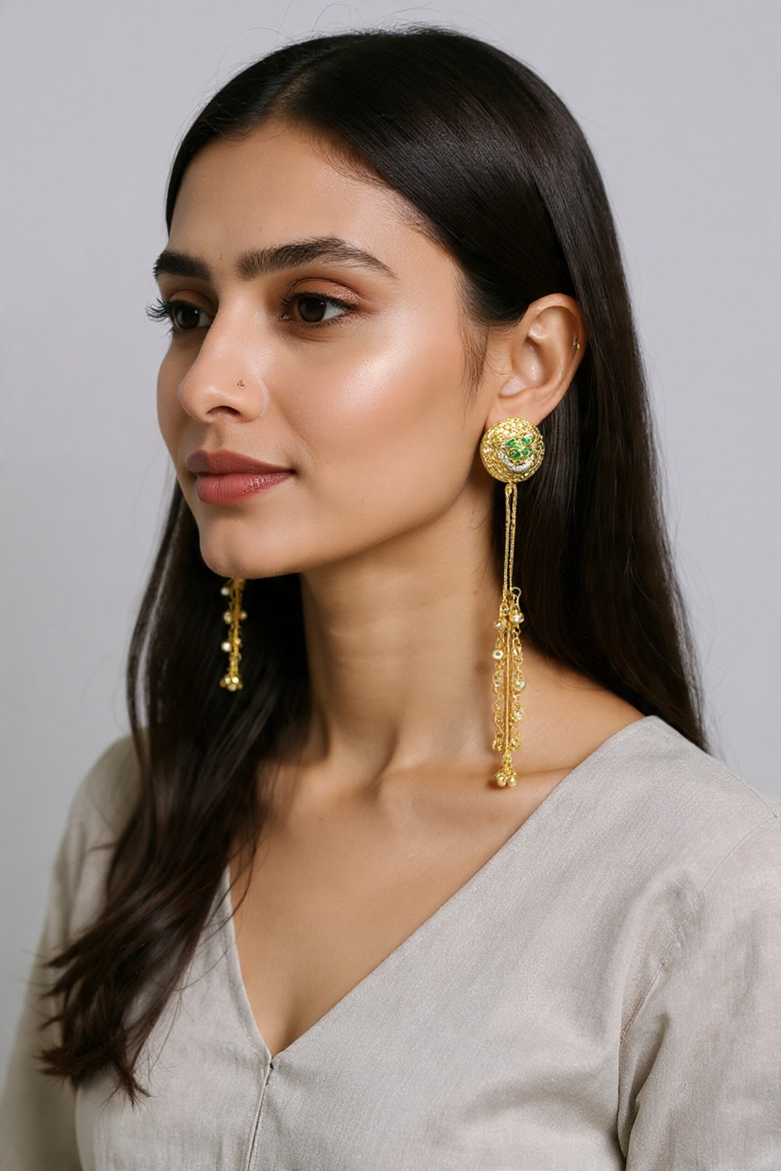 Beautiful Handmade Long Gold Plated Kashmiri Earring Embellished with Ghungroo