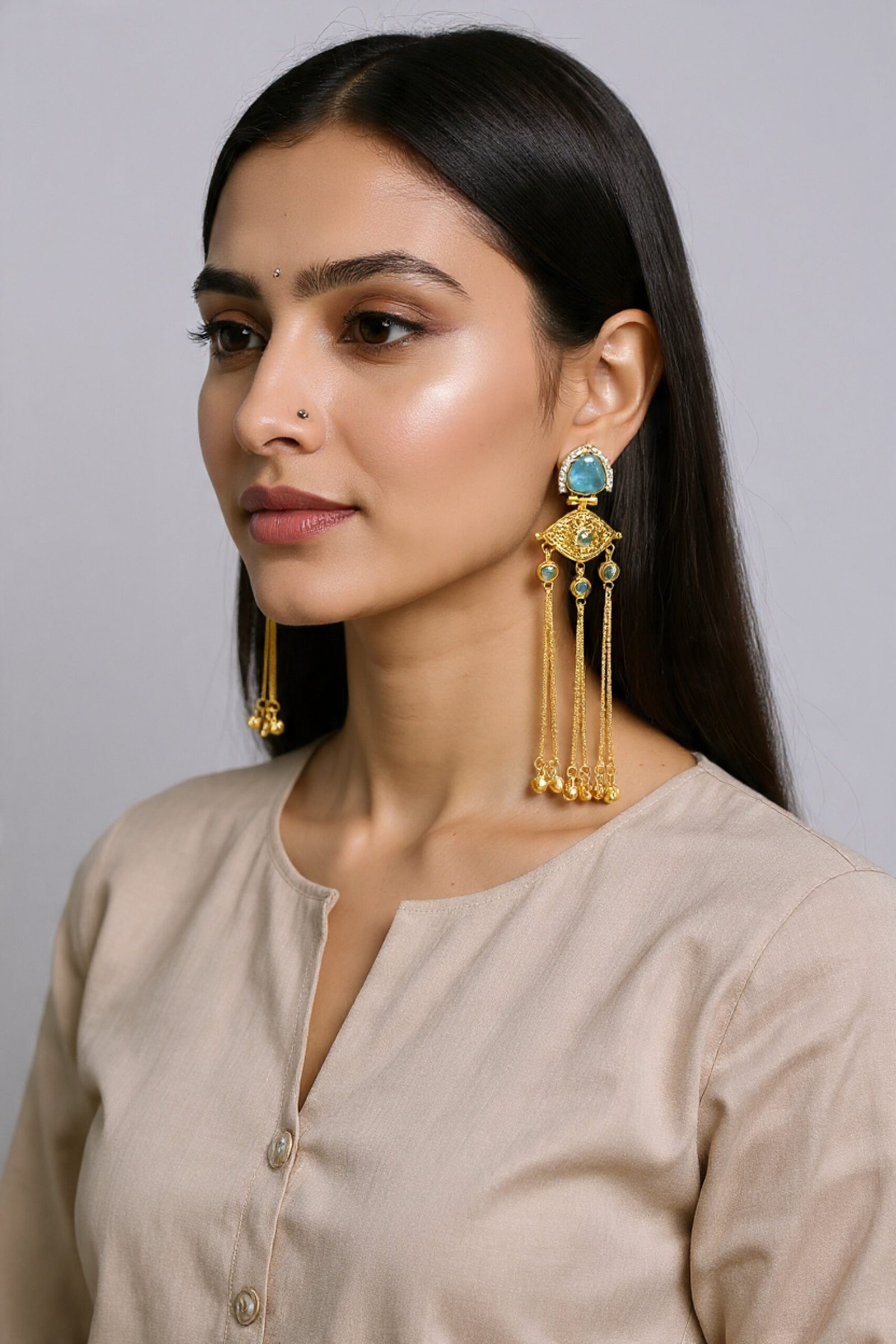 Beautiful Handmade Long Gold Plated Kashmiri Earring Embellished with Ghungroo - Image 2