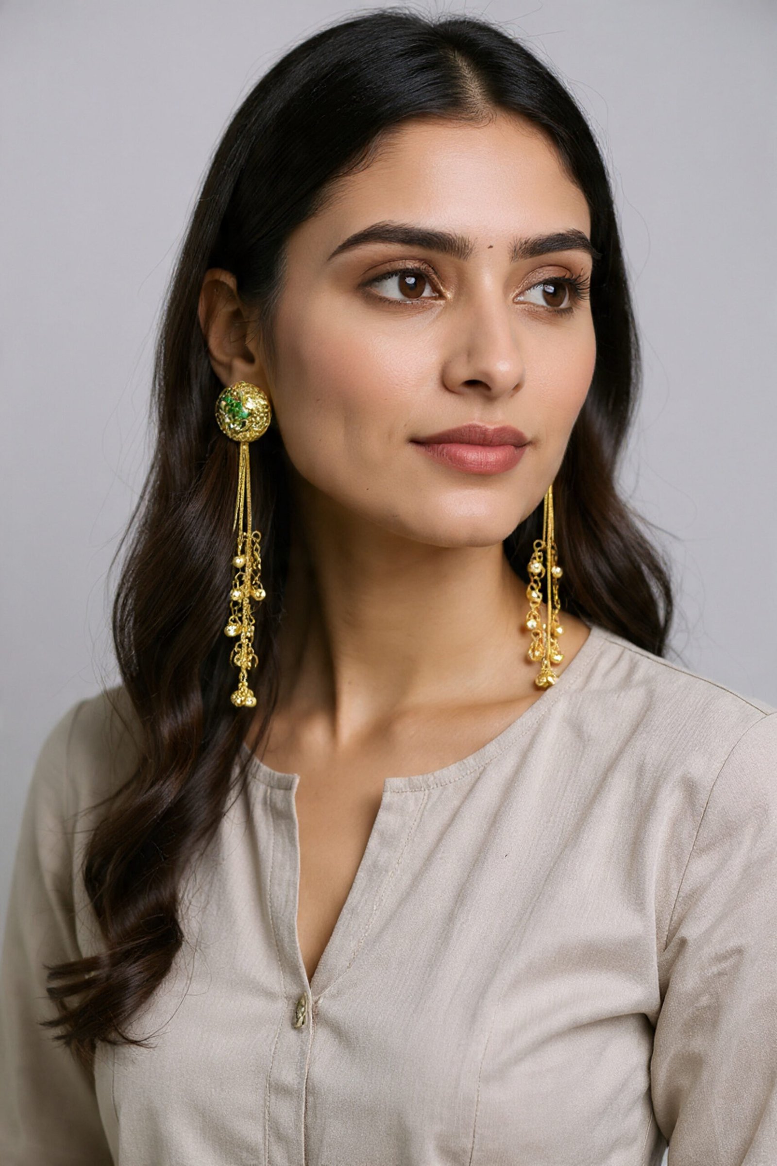 Beautiful Handmade Long Gold Plated Kashmiri Earring Embellished with Ghungroo - Image 2