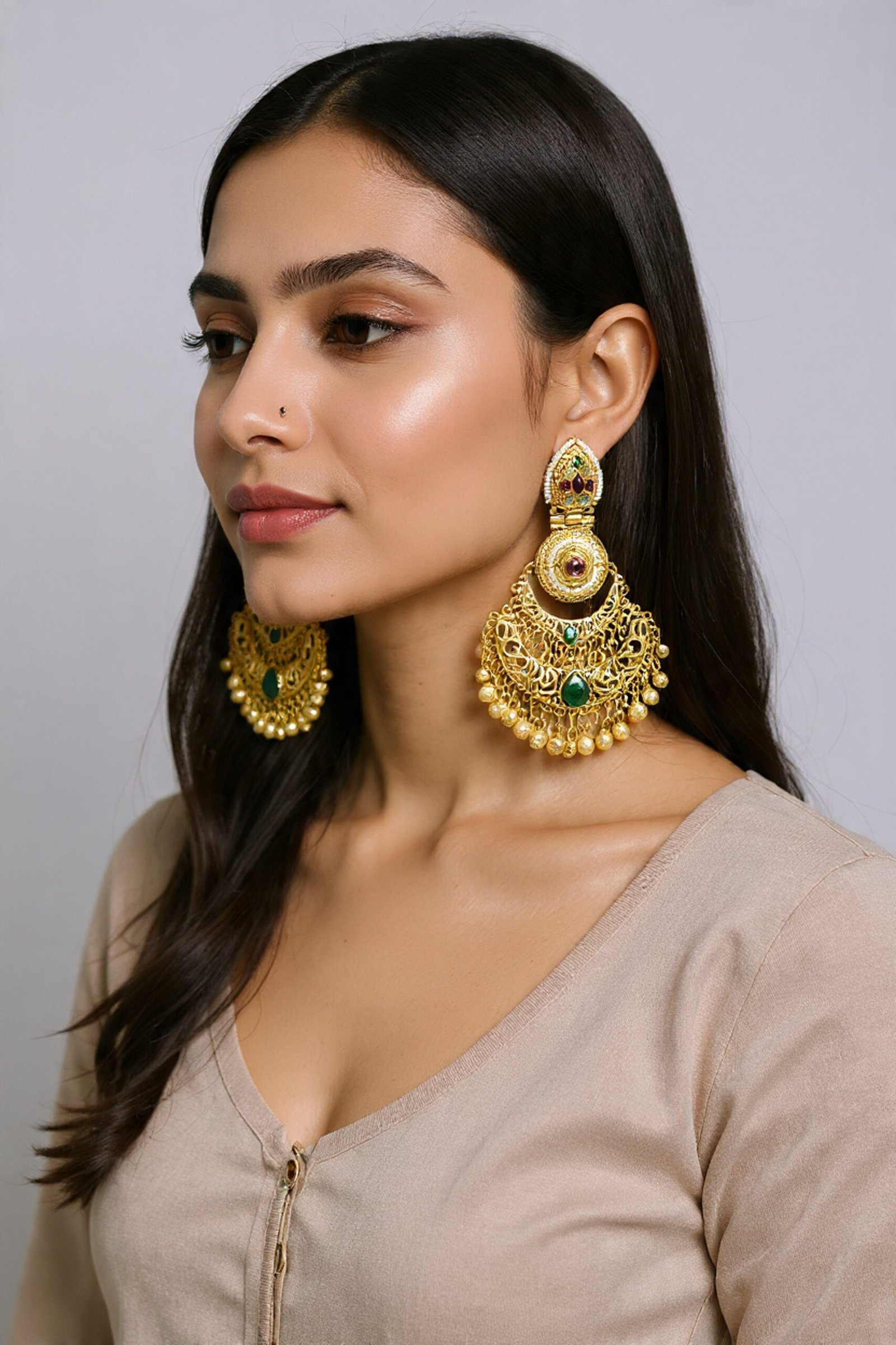 Beautiful Handmade Long Gold Plated Kashmiri Earring Embellished with Ghungroo - Image 3