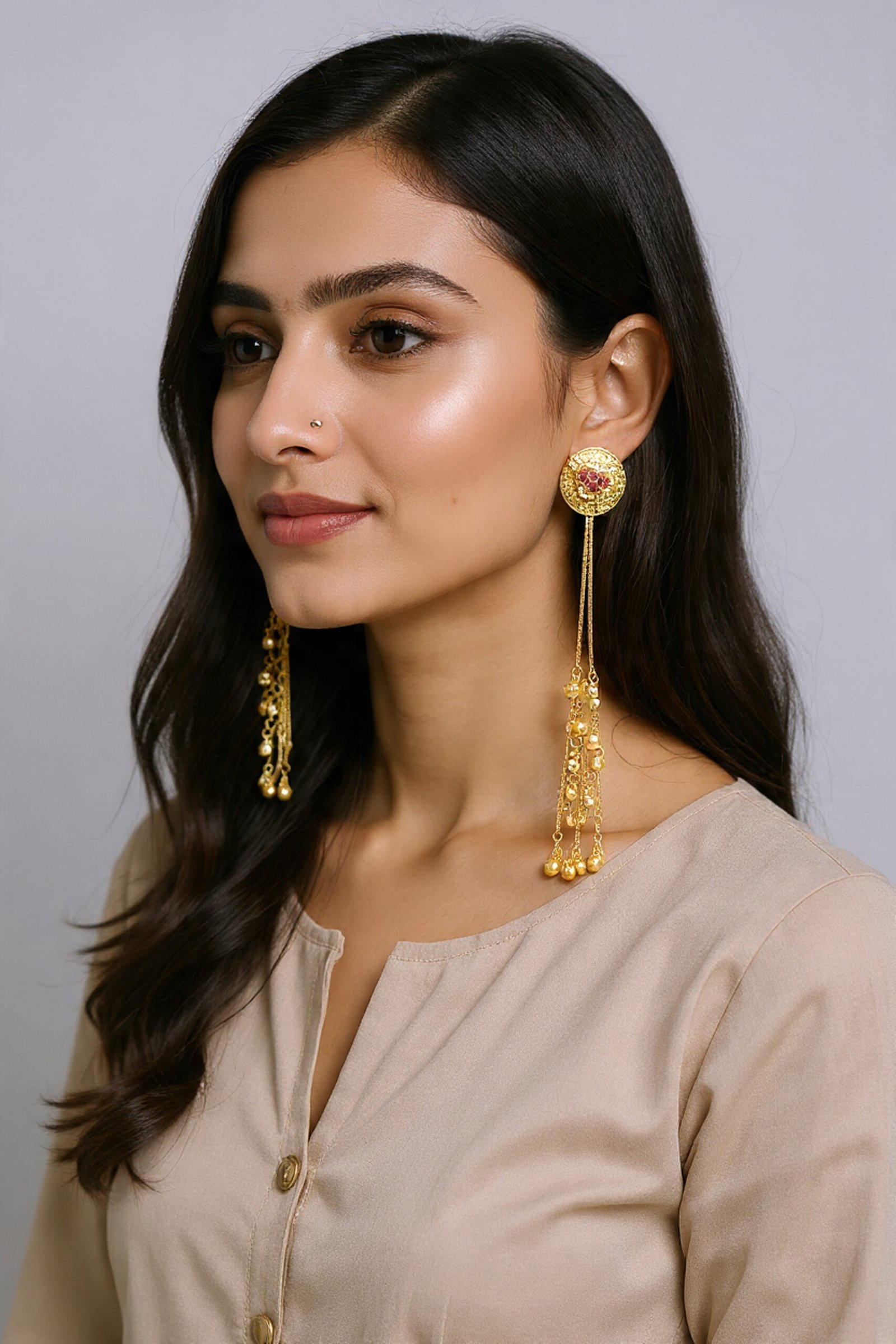 Beautiful Handmade Long Gold Plated Kashmiri Earring Embellished with Ghungroo