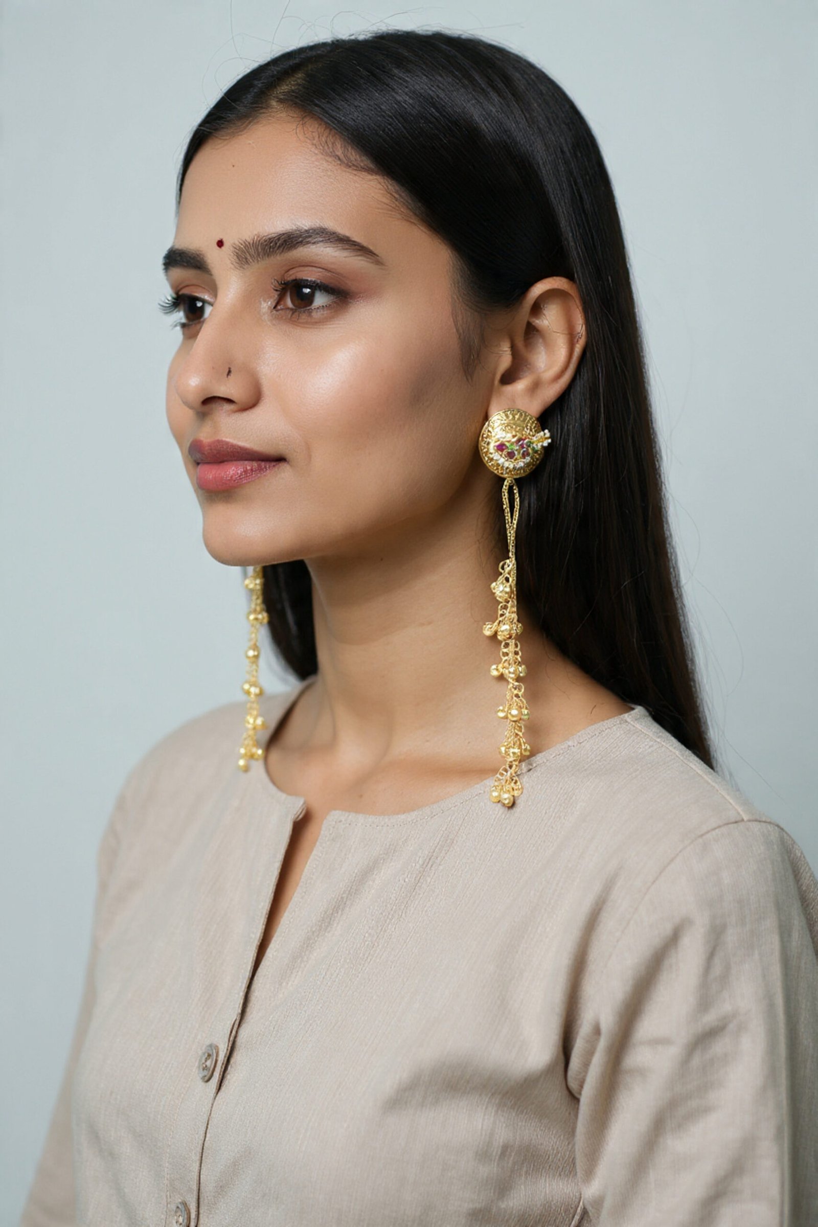 Beautiful Handmade Long Gold Plated Kashmiri Earring Embellished with Ghungroo - Image 2