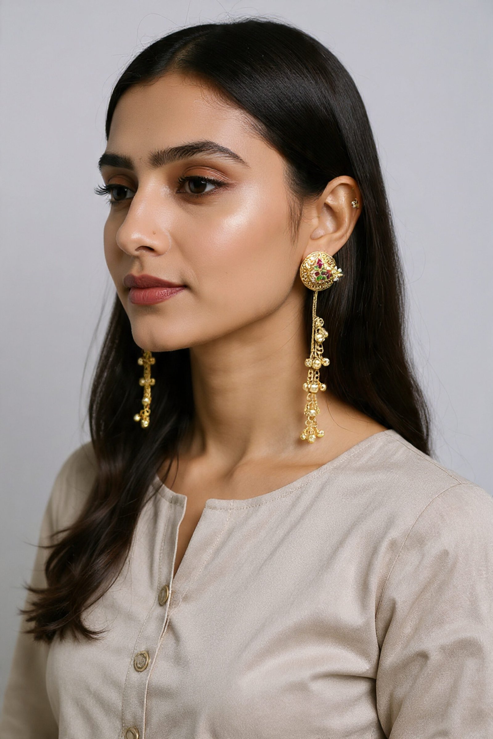 Beautiful Handmade Long Gold Plated Kashmiri Earring Embellished with Ghungroo