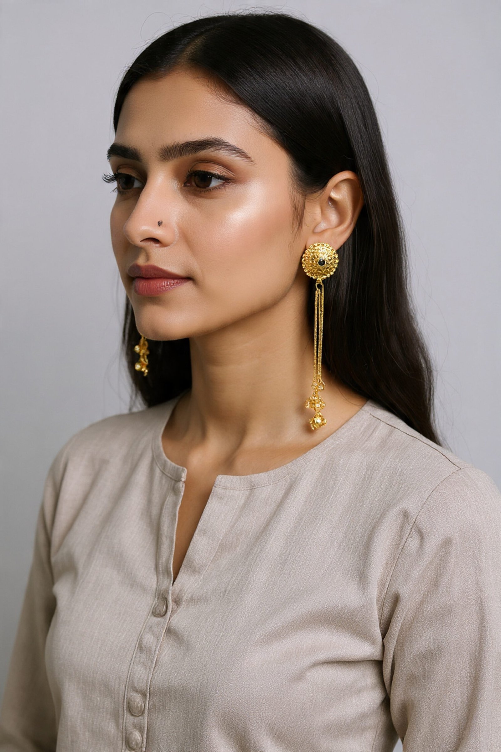 Beautiful Handmade Long Gold Plated Kashmiri Earring Embellished with Ghungroo - Image 2