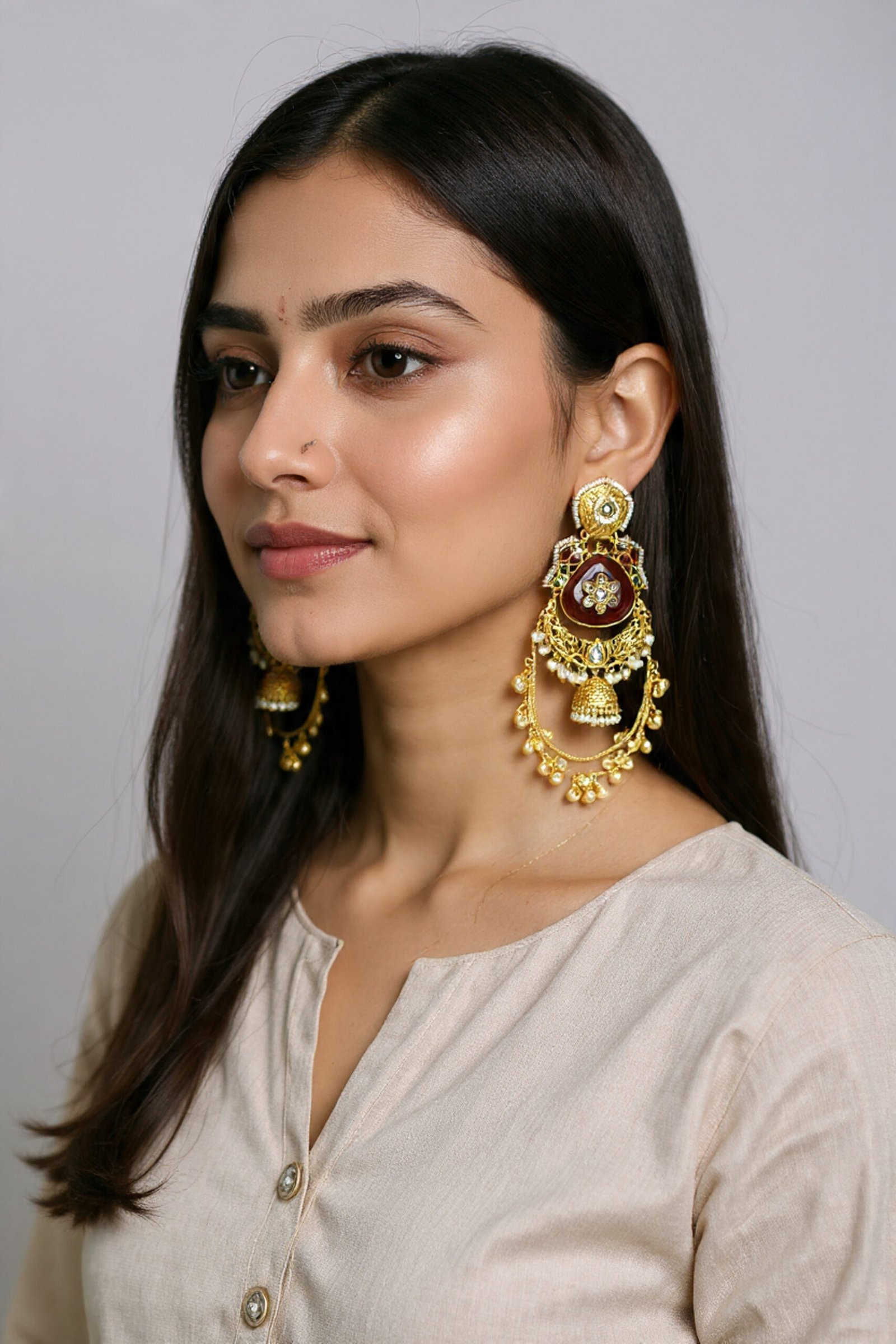 Beautiful Handmade Long Gold Plated Kashmiri Earring Embellished with Ghungroo