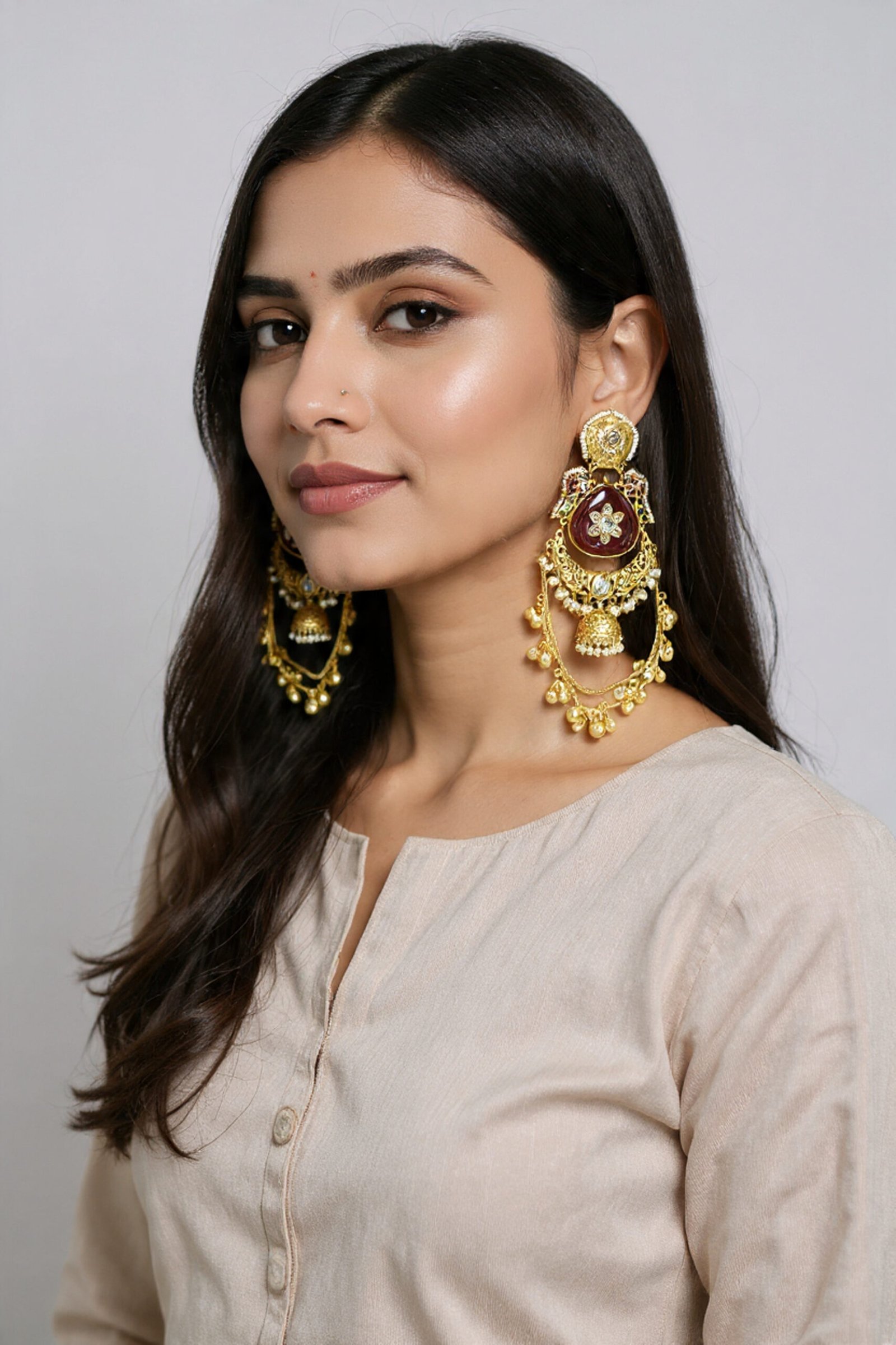 Beautiful Handmade Long Gold Plated Kashmiri Earring Embellished with Ghungroo - Image 2