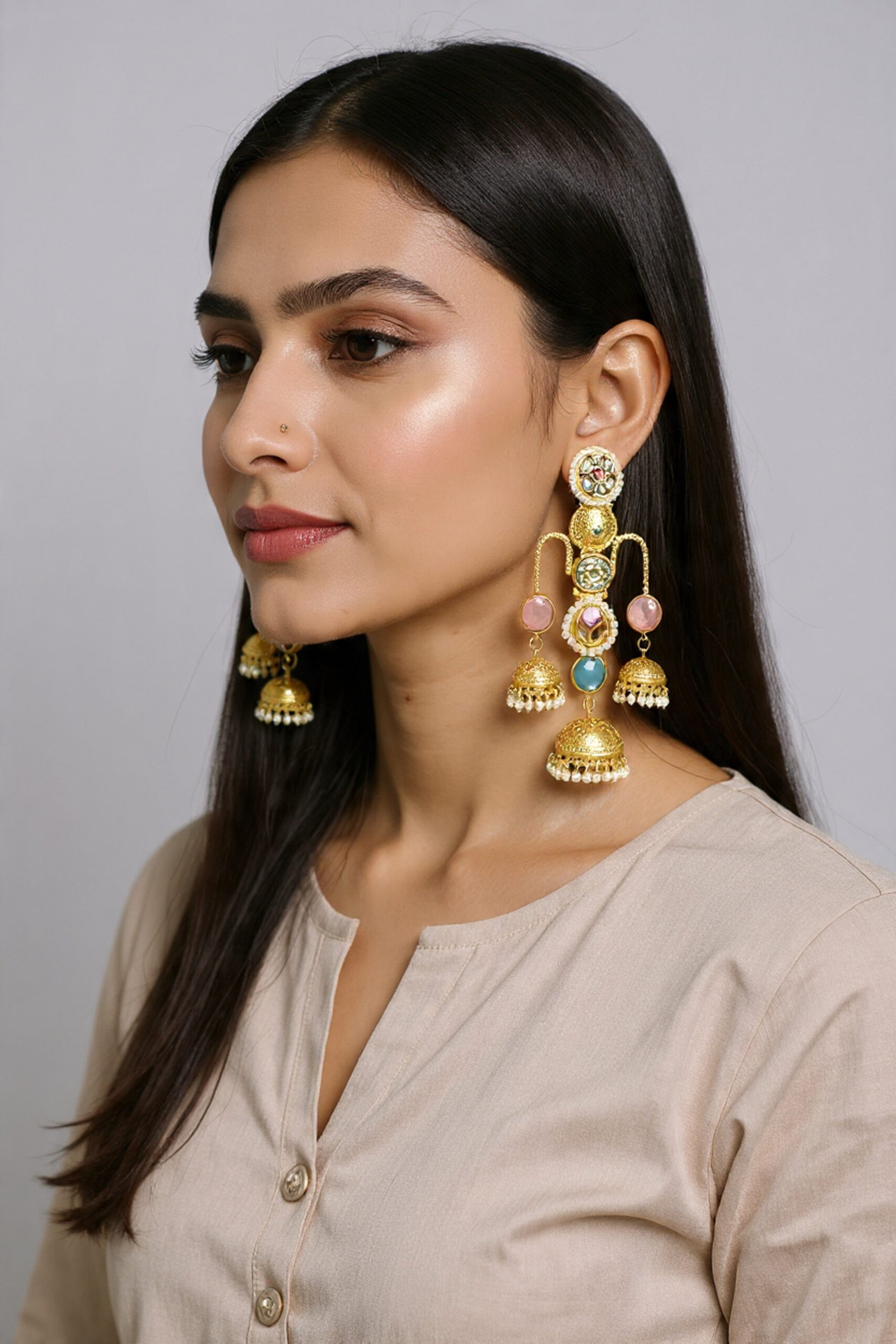Beautiful Handmade Long Gold Plated Kashmiri Earring Embellished with Ghungroo - Image 2
