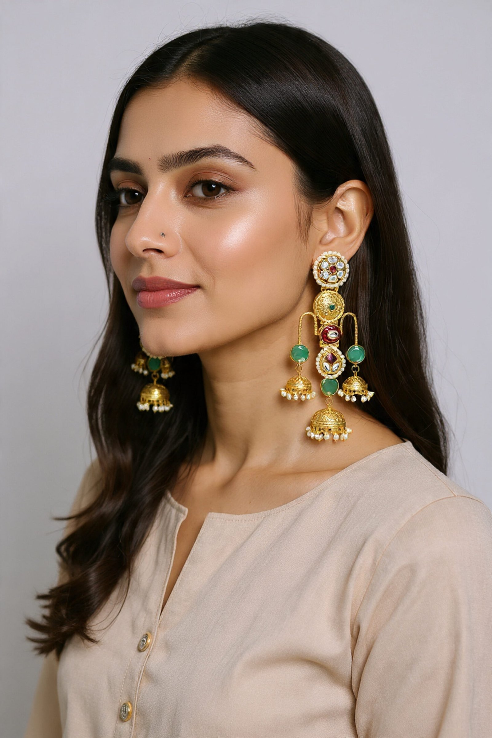 Beautiful Handmade Long Gold Plated Kashmiri Earring Embellished with Ghungroo - Image 2
