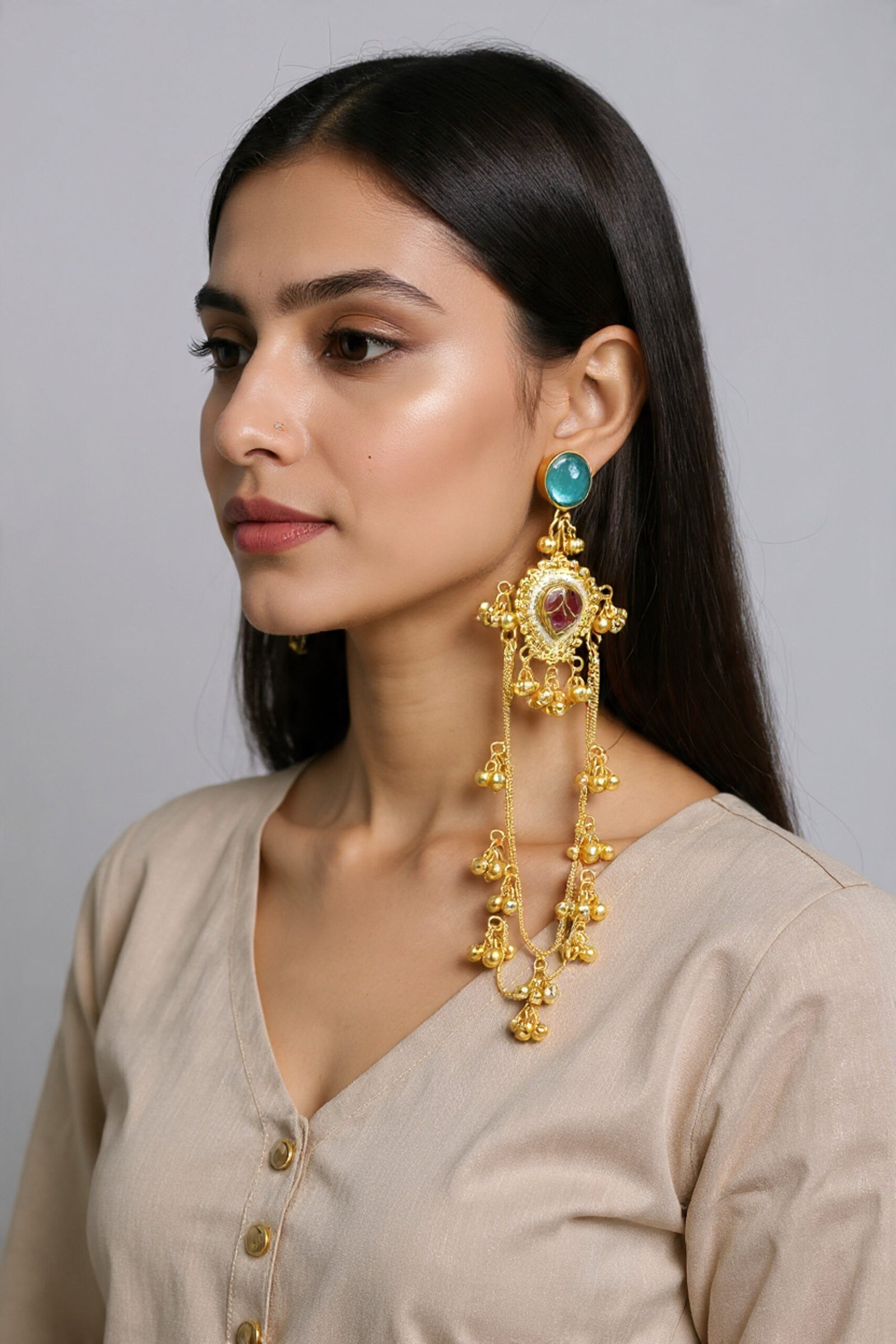 Beautiful Handmade Long Gold Plated Kashmiri Earring Embellished with Ghungroo