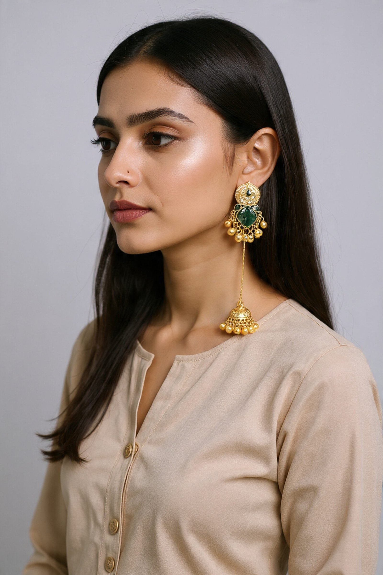 Beautiful Handmade Long Gold Plated Kashmiri Earring Embellished with Ghungroo - Image 2