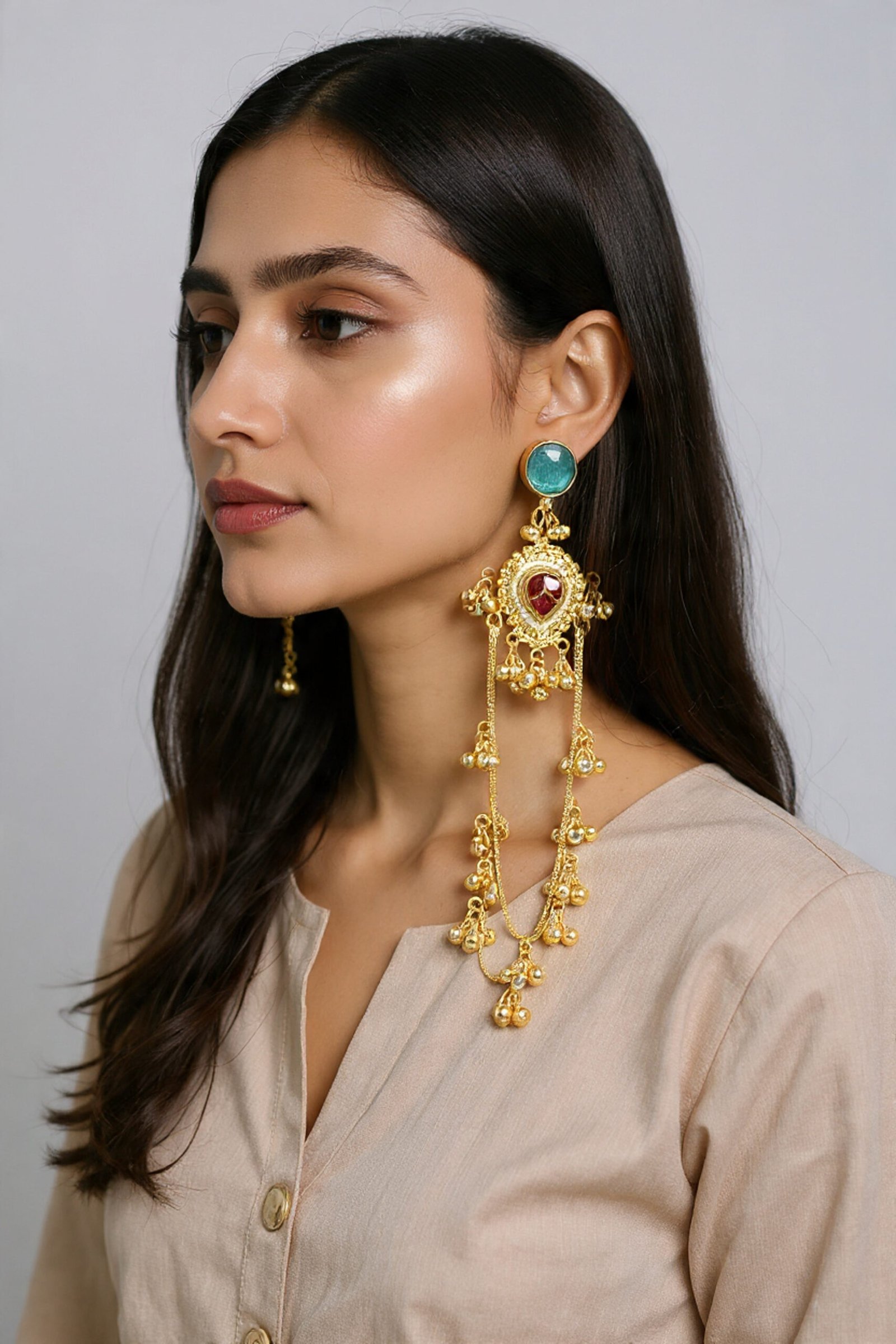 Beautiful Handmade Long Gold Plated Kashmiri Earring Embellished with Ghungroo - Image 2
