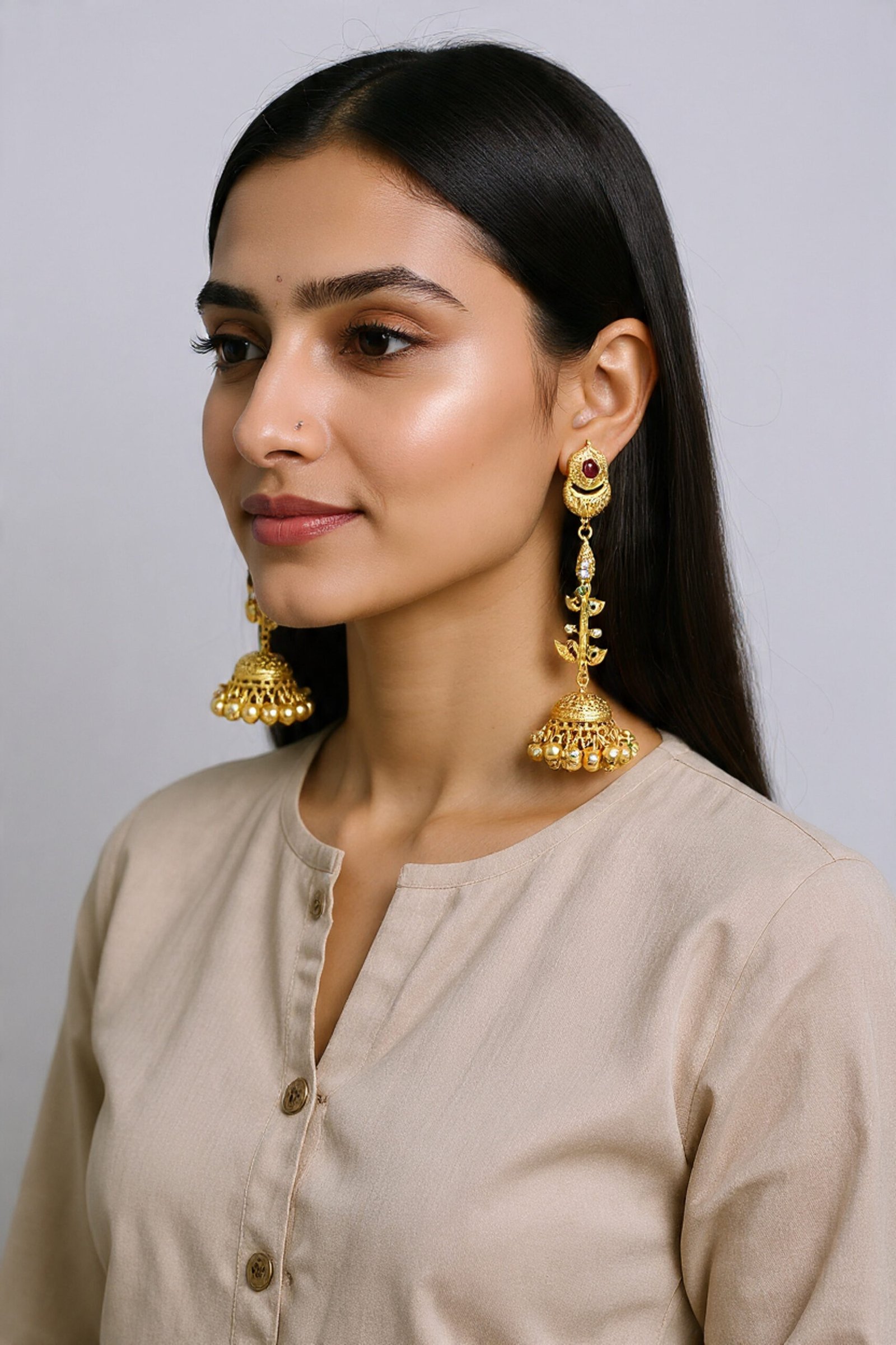 Beautiful Handmade Long Gold Plated Kashmiri Earring Embellished with Ghungroo