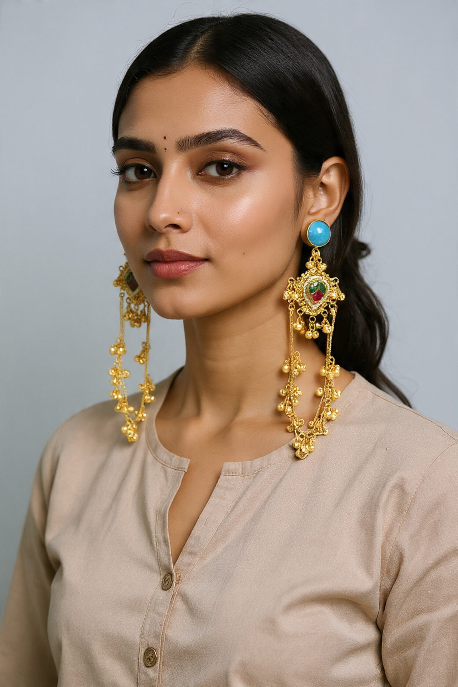 Beautiful Handmade Long Gold Plated Kashmiri Earring Embellished with Ghungroo