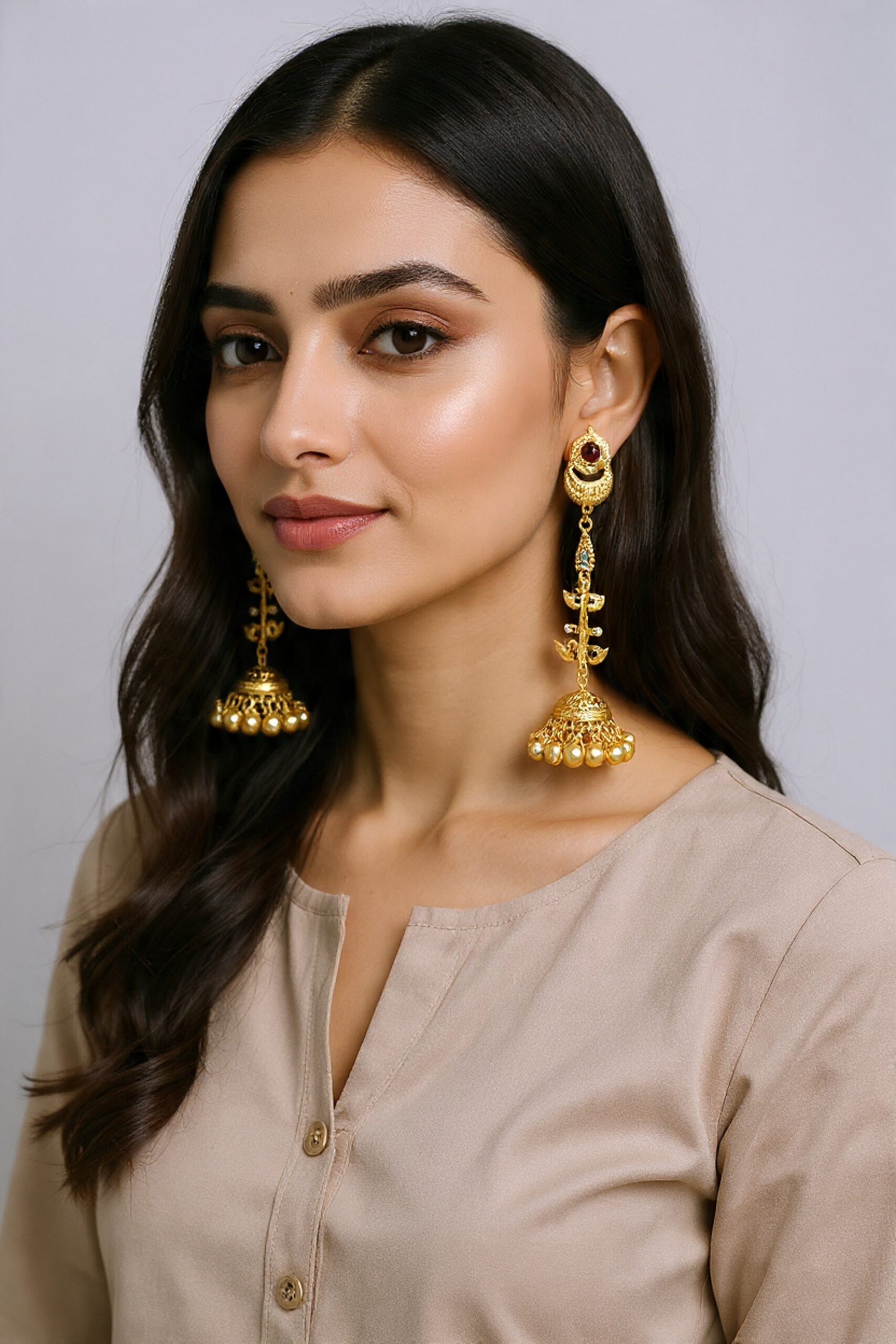 Beautiful Handmade Long Gold Plated Kashmiri Earring Embellished with Ghungroo - Image 2