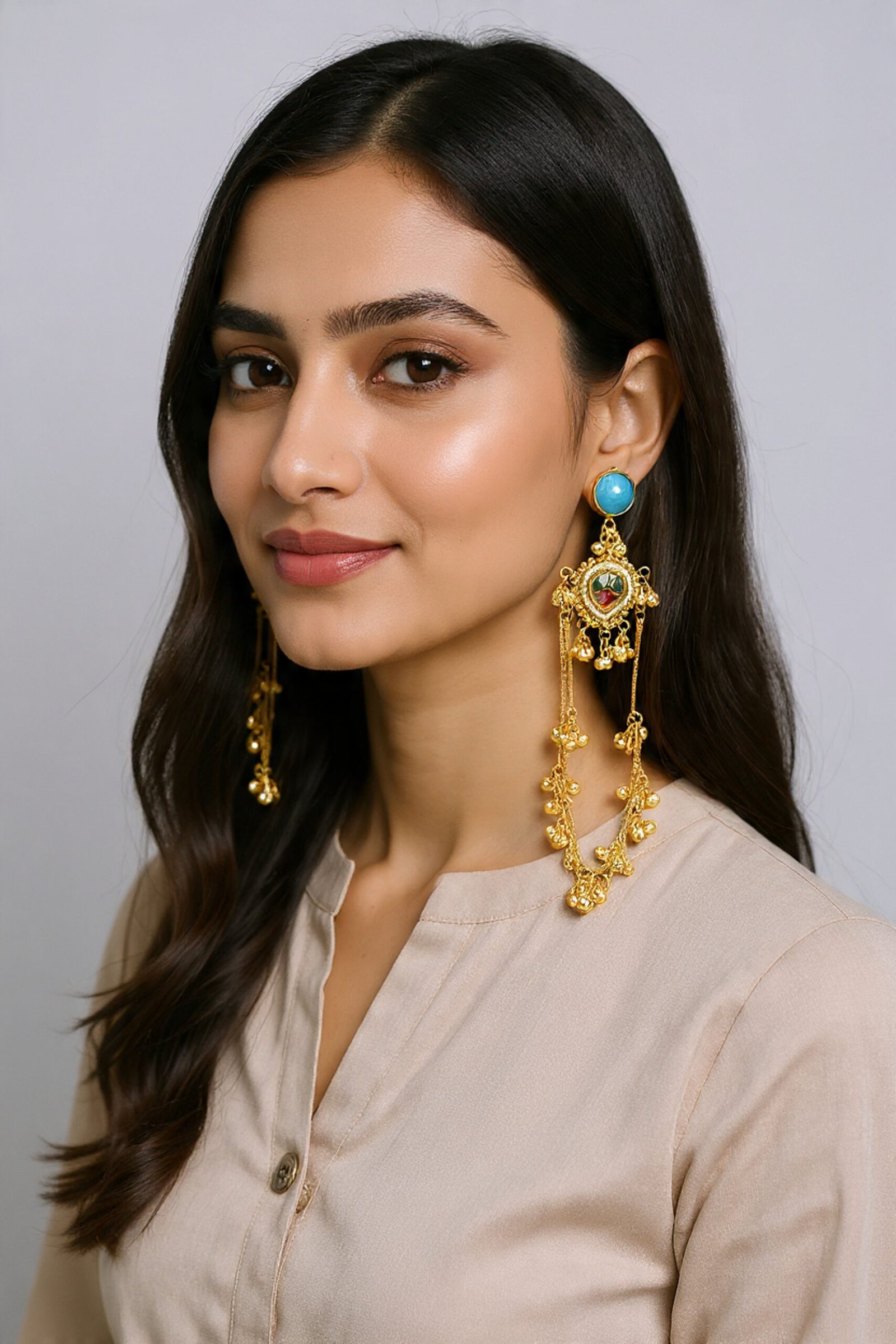 Beautiful Handmade Long Gold Plated Kashmiri Earring Embellished with Ghungroo - Image 2