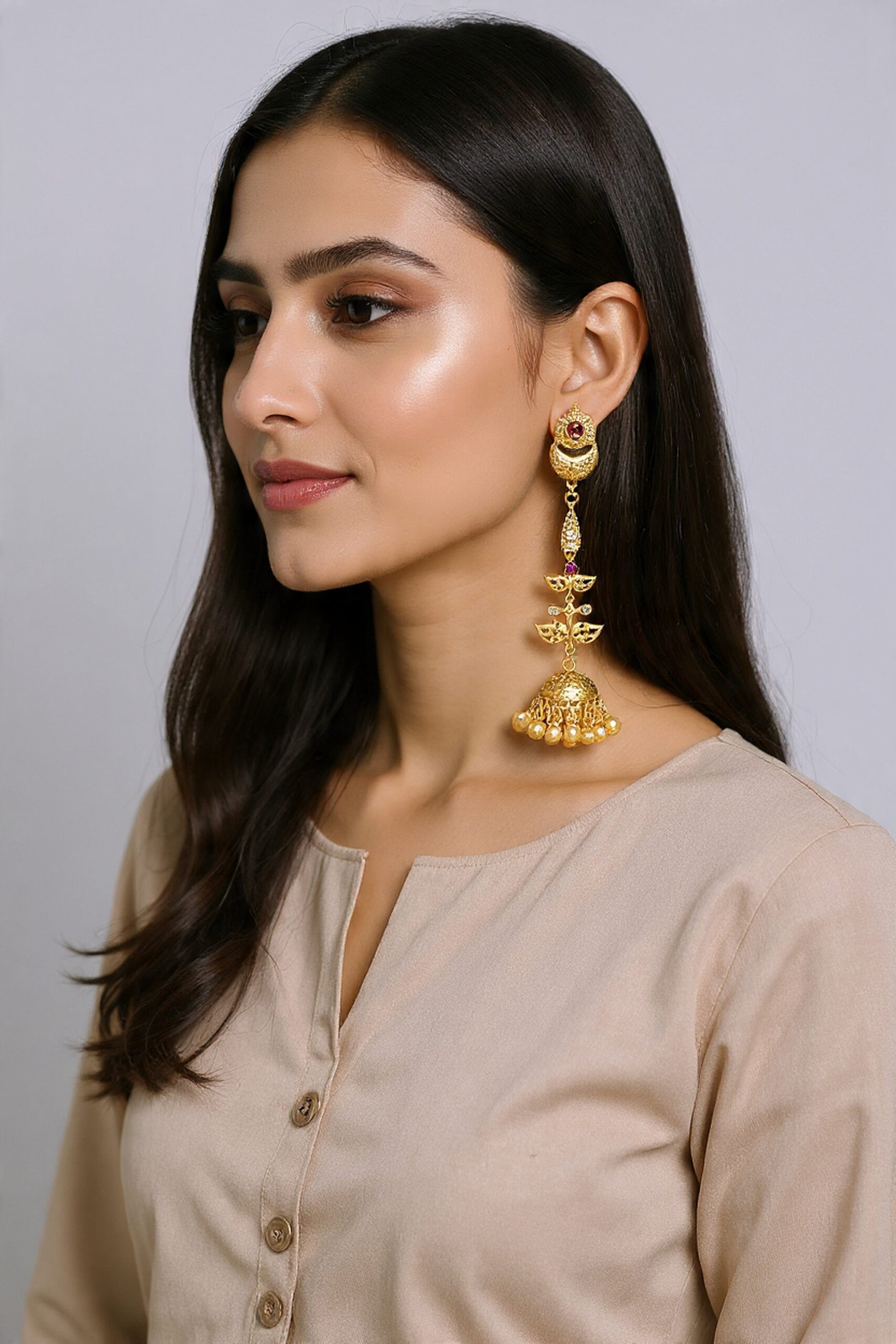 Beautiful Handmade Long Gold Plated Kashmiri Earring Embellished with Ghungroo - Image 3