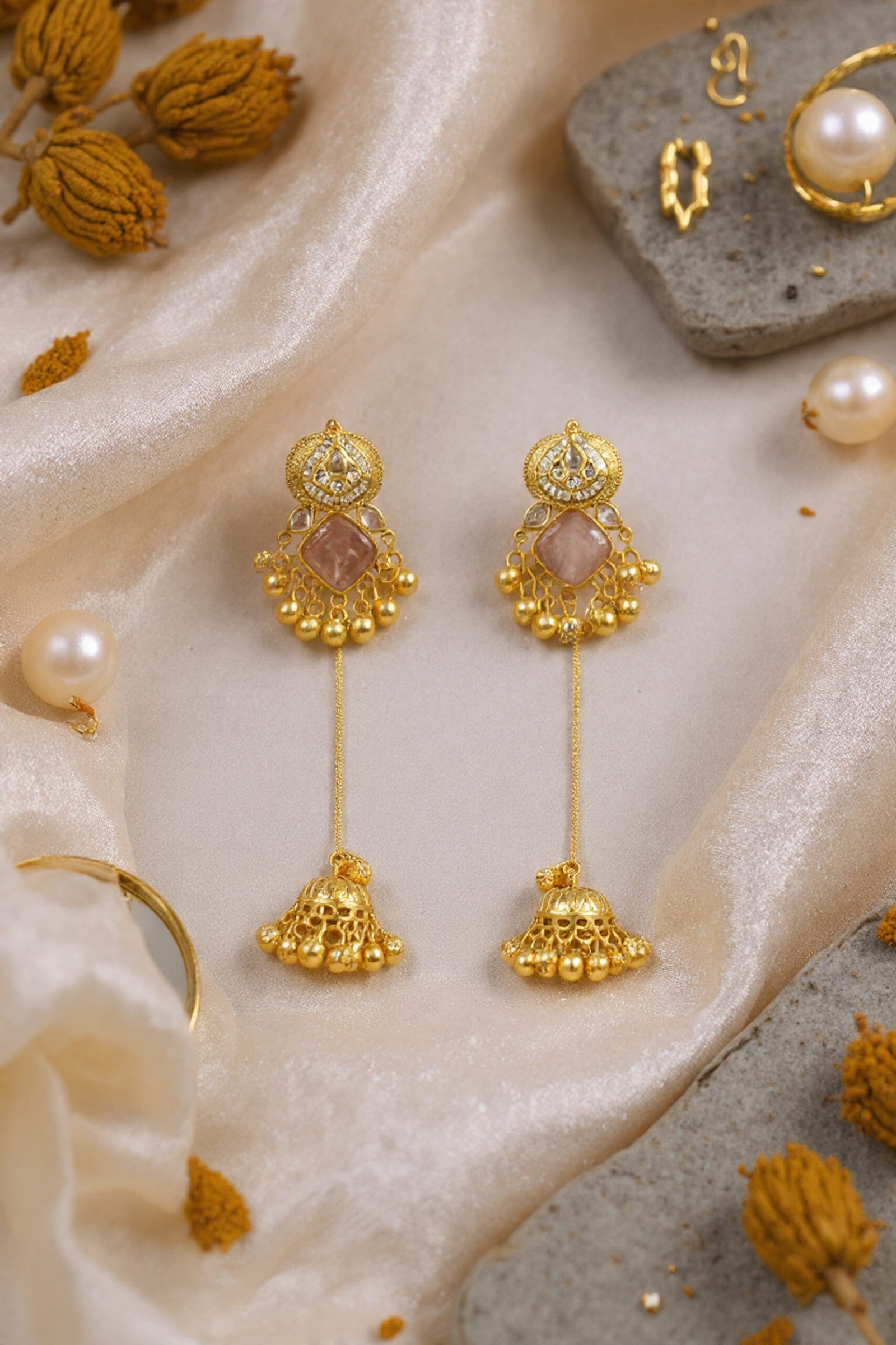Beautiful Handmade Long Gold Plated Kashmiri Earring Embellished with Ghungroo - Image 3