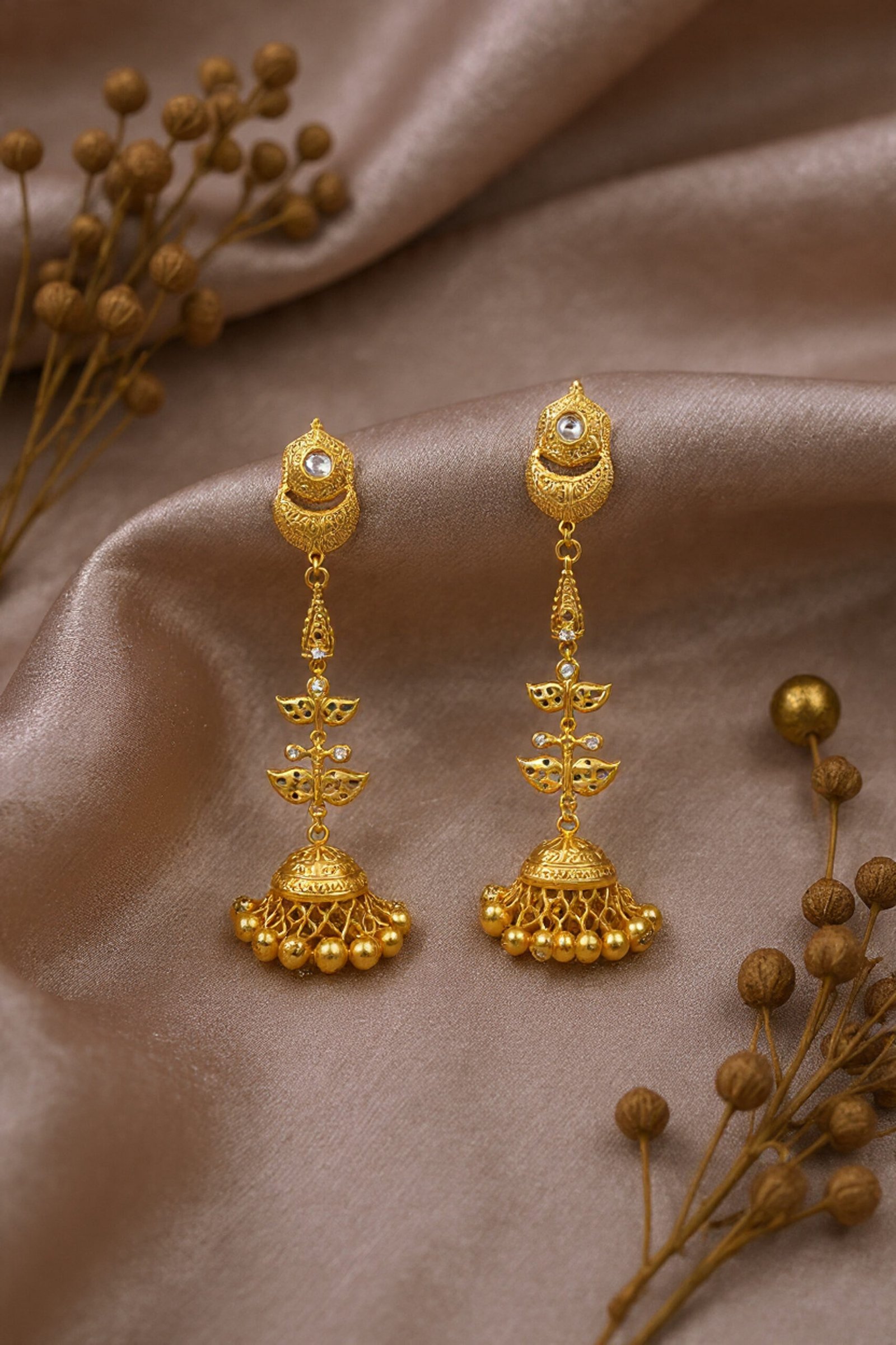 Beautiful Handmade Long Gold Plated Kashmiri Earring Embellished with Ghungroo - Image 3